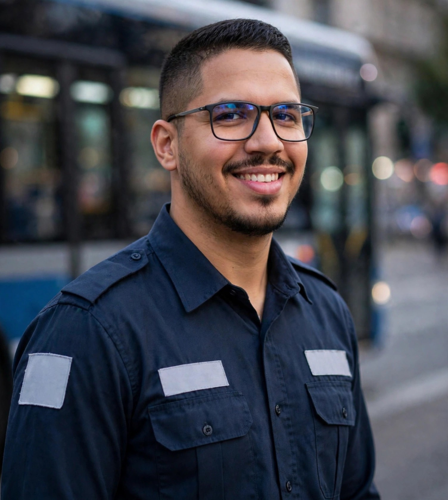 Julio Junior motorista de ônibus, uniforme azul-marinho, ônibus ao fundo