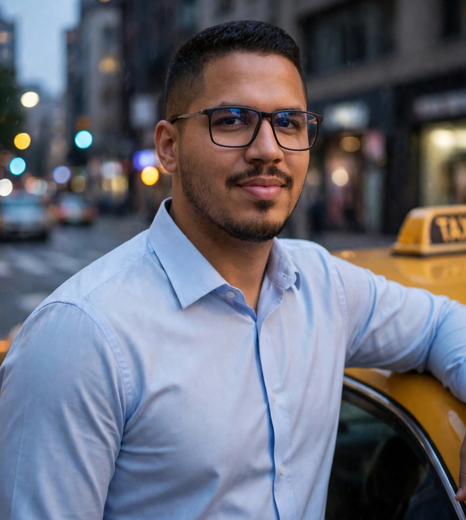 Julio Junior taxista, camisa social clara, táxi ao fundo