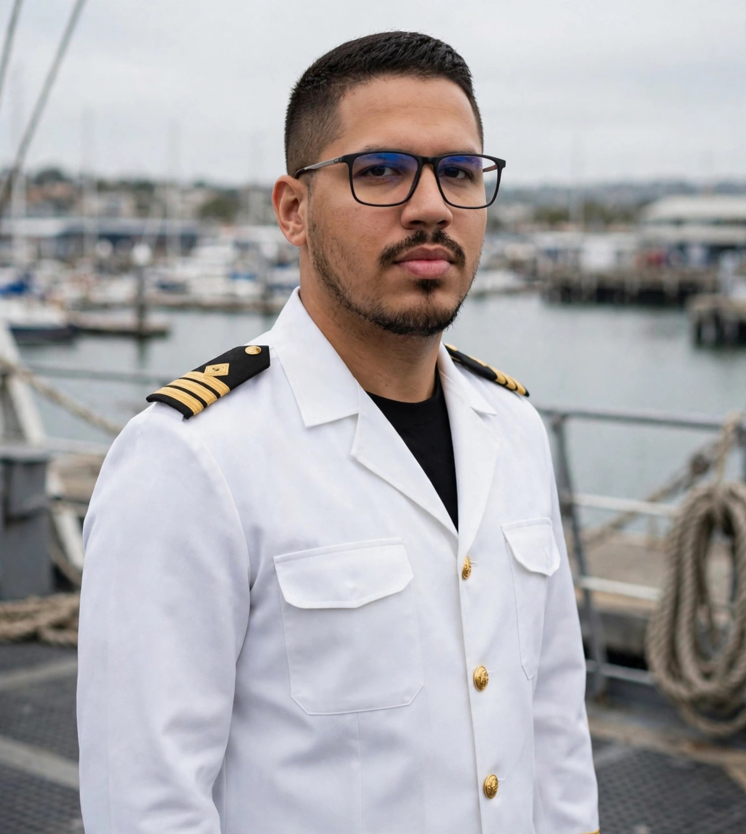 Julio Junior capitão de navio, uniforme branco, porto ao fundo