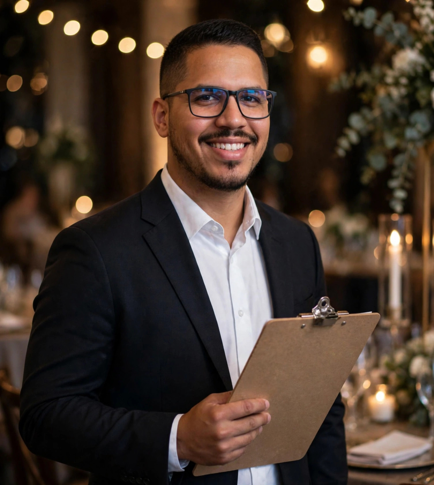 Julio Junior produtor de eventos, terno escuro, prancheta em branco, salão de eventos
