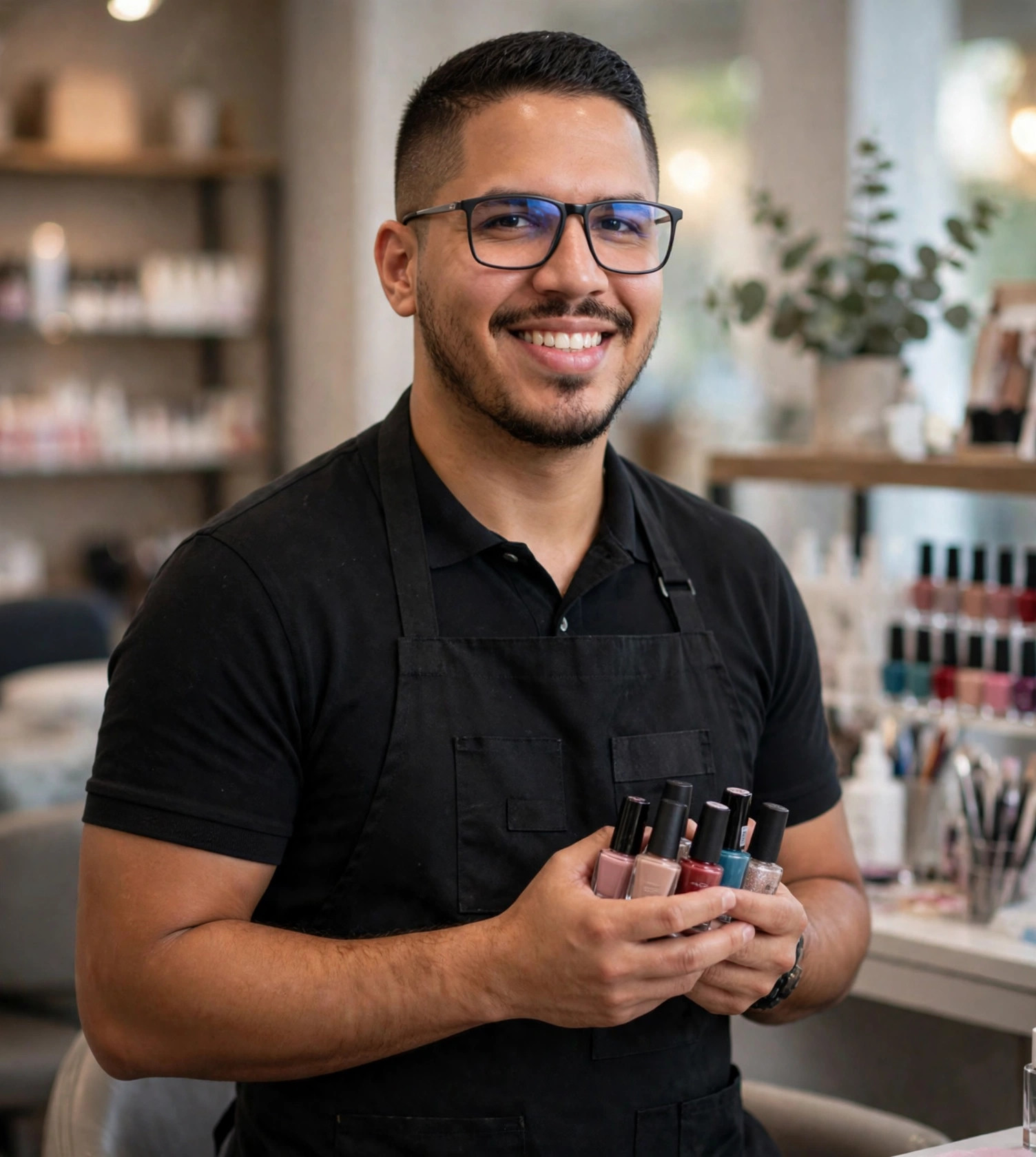 Julio Junior manicure, avental preto em branco, esmaltes nas mãos, salão de beleza