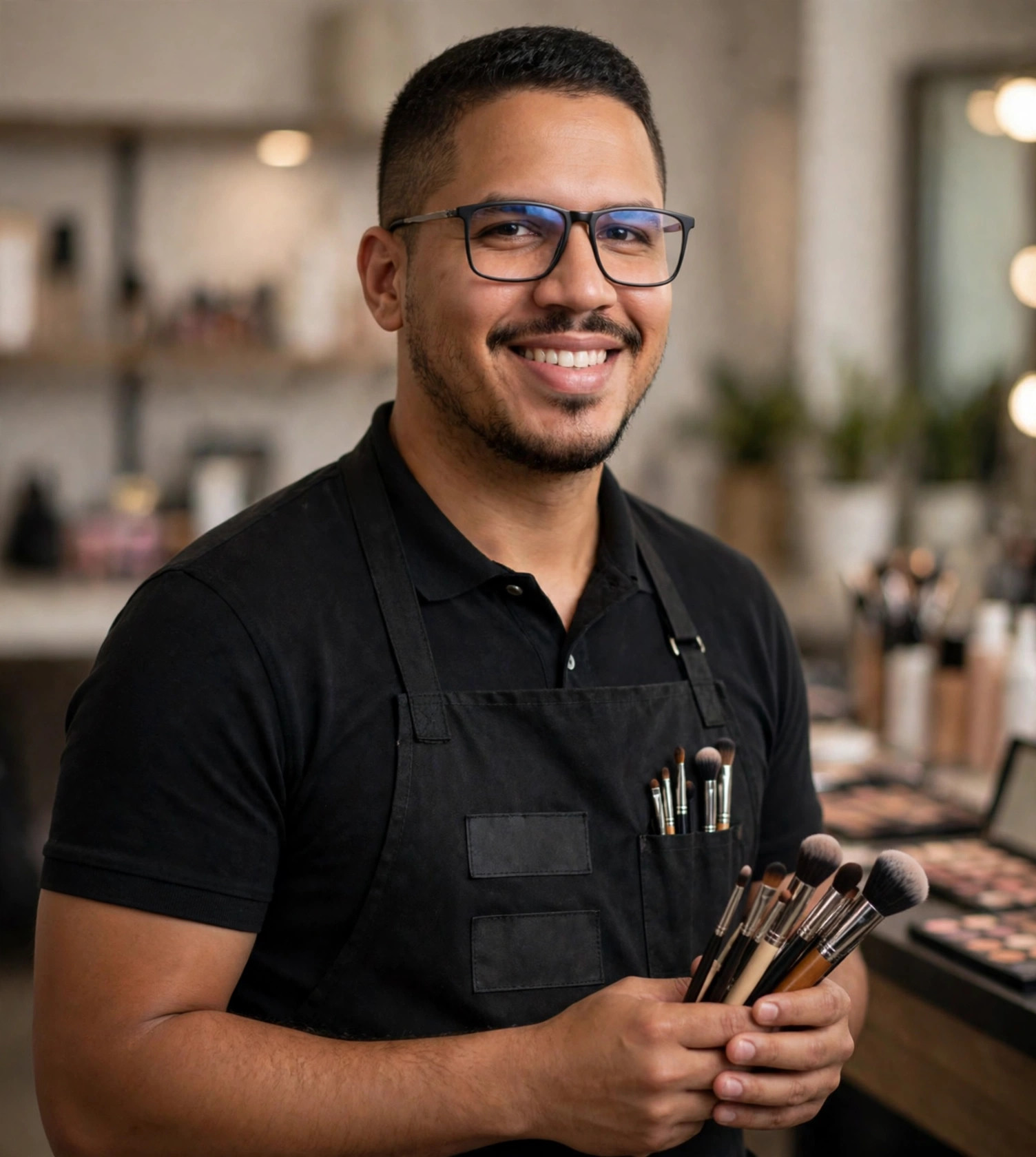 Julio Junior maquiador profissional, avental preto em branco, pincéis de maquiagem, estúdio de beleza