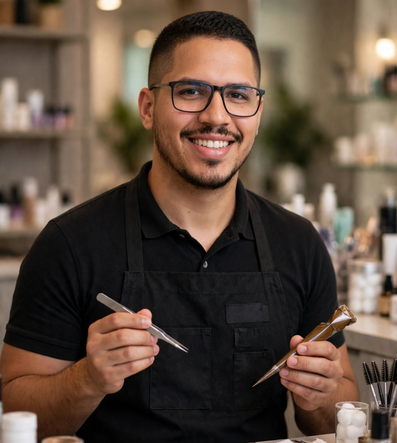 Julio Junior designer de sobrancelhas, avental preto em branco, pinça e henna, salão