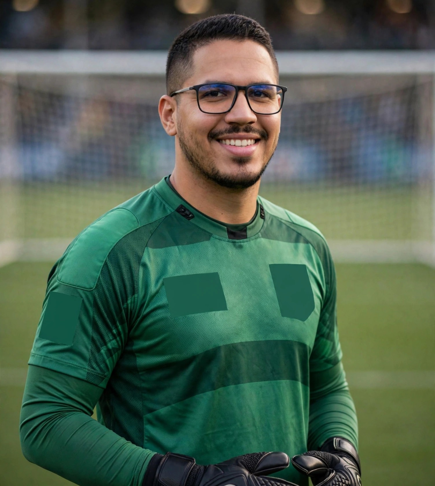 Julio Junior goleiro, uniforme verde com patches em branco, luvas, campo de futebol