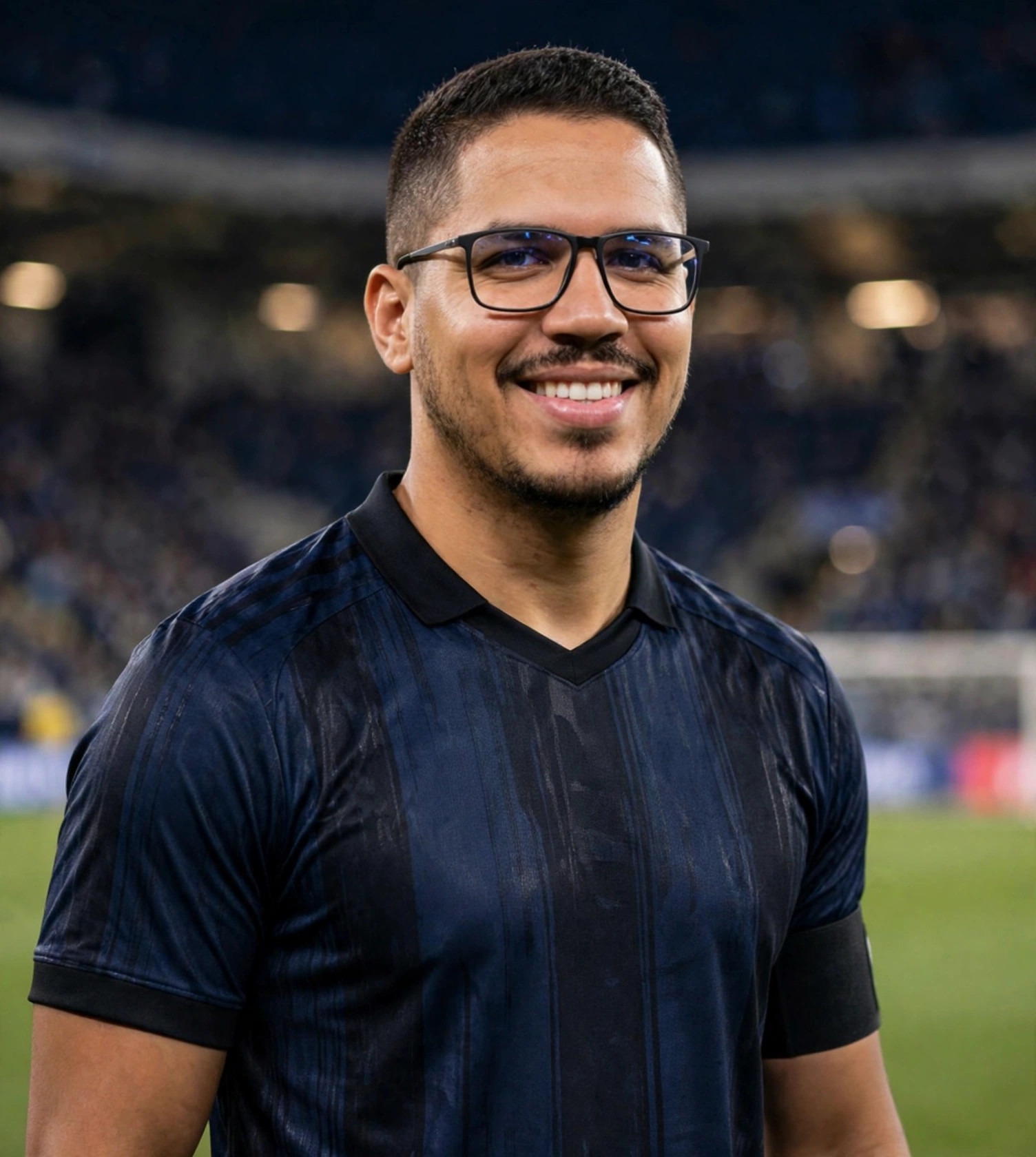 Julio Junior zagueiro, uniforme escuro com braçadeira em branco, estádio
