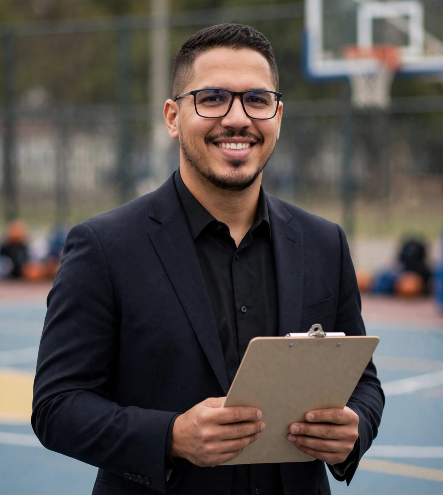Julio Junior técnico de basquete, terno escuro, prancheta em branco, quadra de basquete