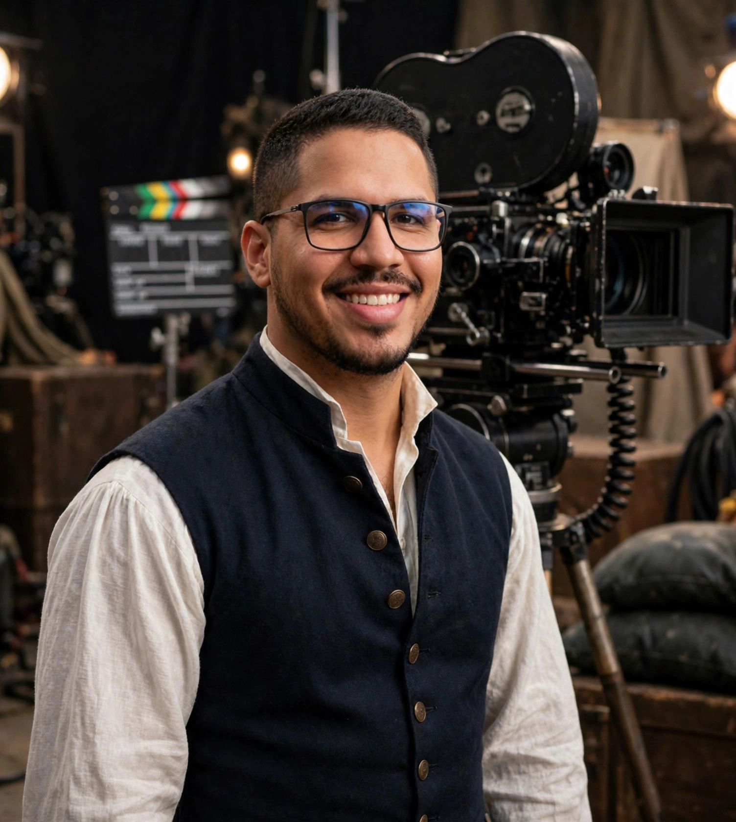 Julio Junior ator de cinema, figurino de época, câmera de cinema e claquete ao fundo