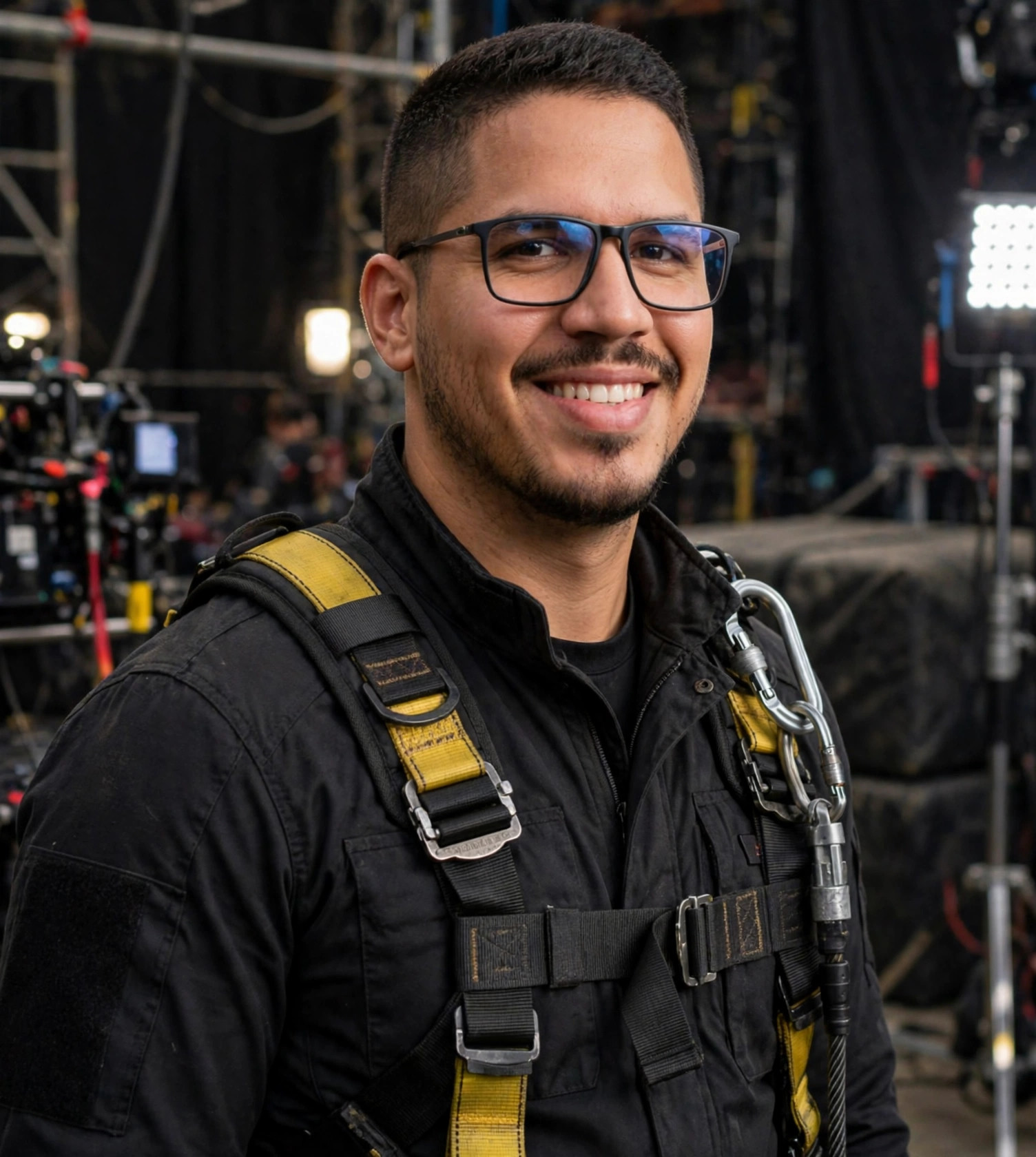 Julio Junior dublê, roupa de ação com cinto de segurança e mosquetões, set de filmagem
