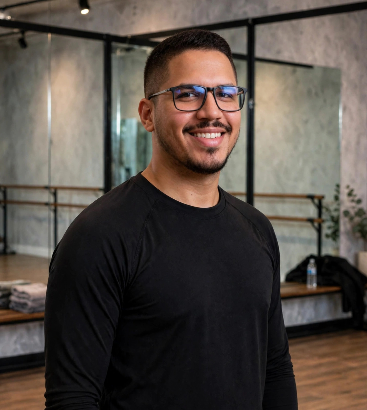 Julio Junior coreógrafo, roupa de dança preta, espelhos e barras de balé ao fundo