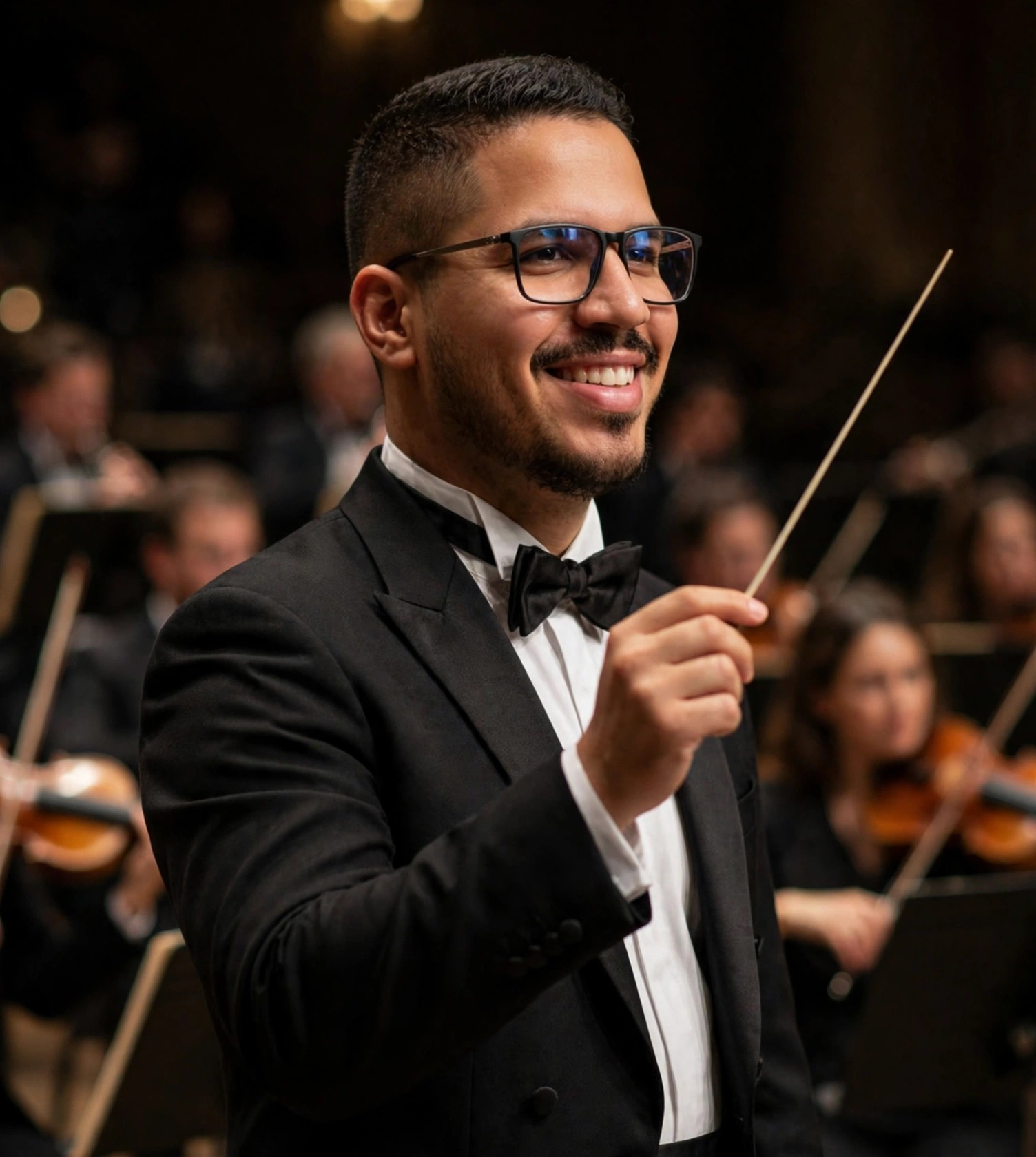 Julio Junior regente de orquestra, fraque com batuta na mão, orquestra ao fundo
