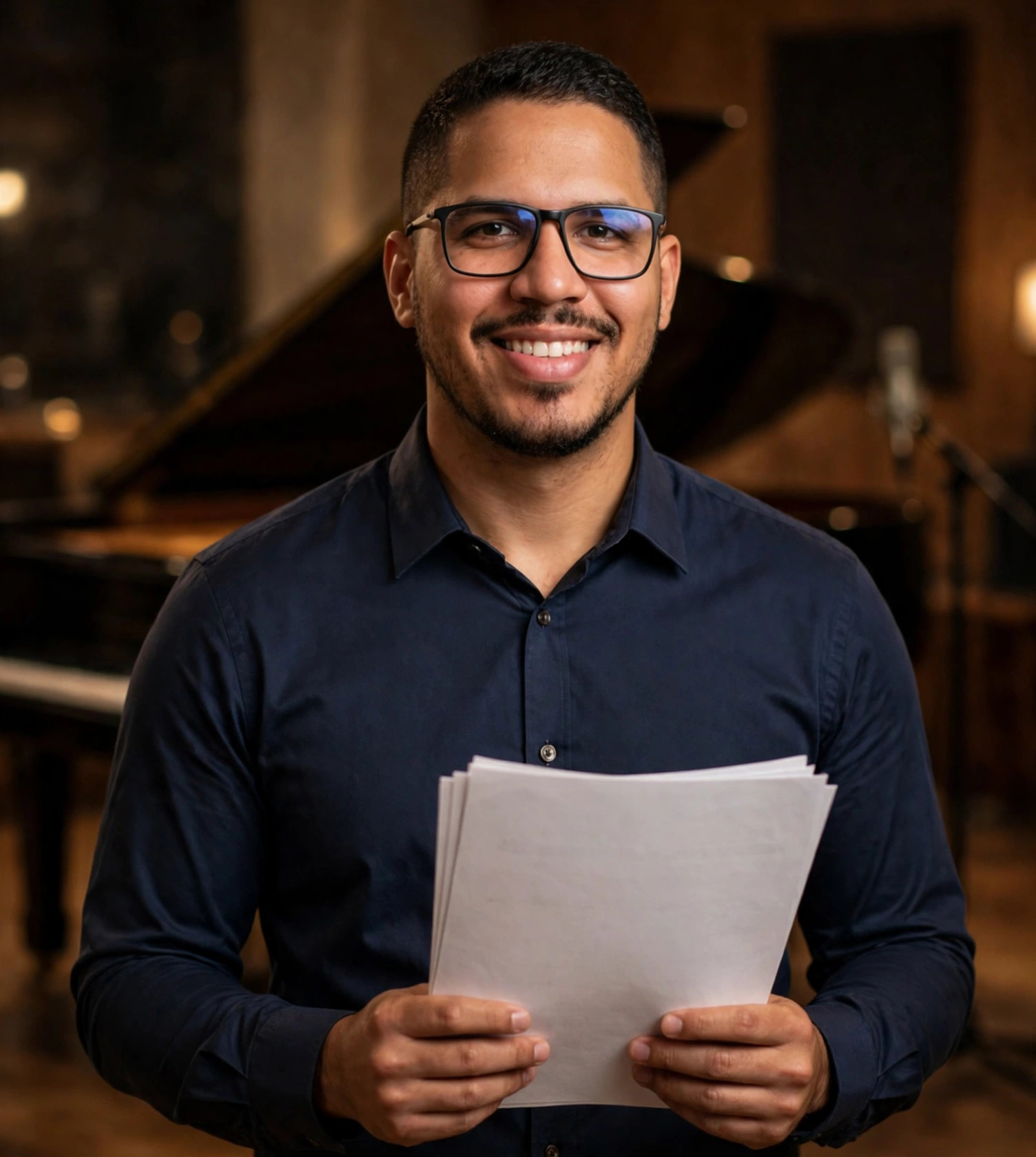 Julio Junior compositor, camisa social com partituras em branco na mão, piano de cauda ao fundo