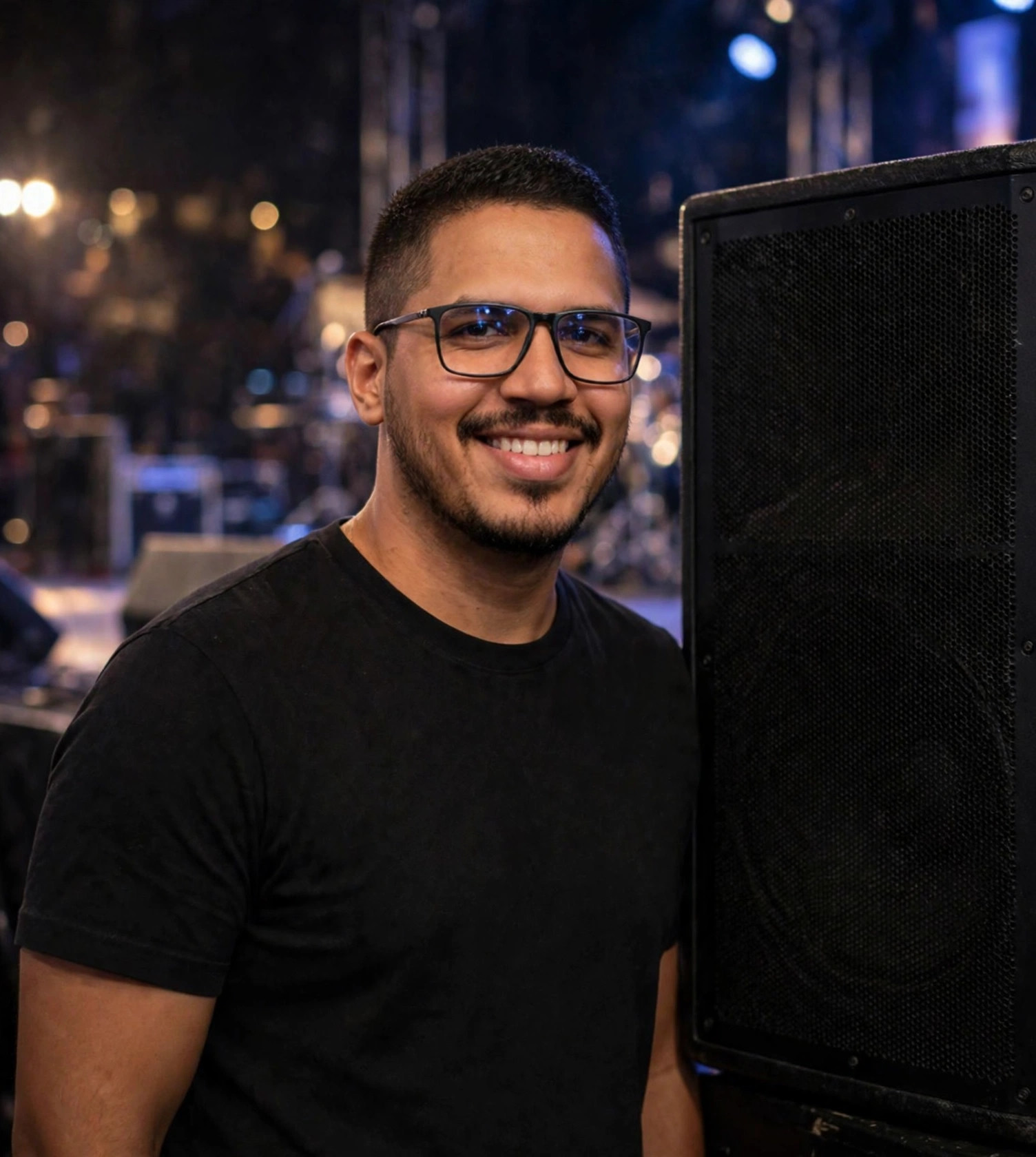 Julio Junior roadie, camiseta preta ao lado de caixa de som de palco, palco ao fundo