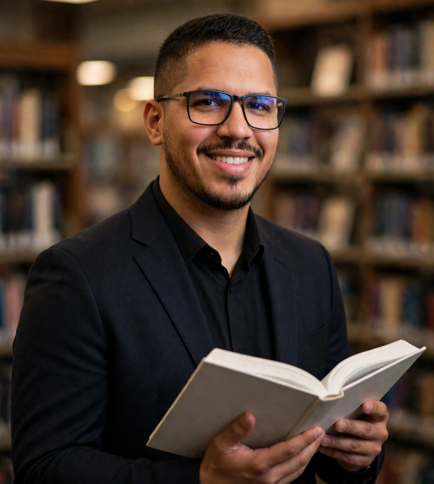 Julio Junior crítico literário, terno escuro com livro aberto de páginas em branco, biblioteca ao fundo