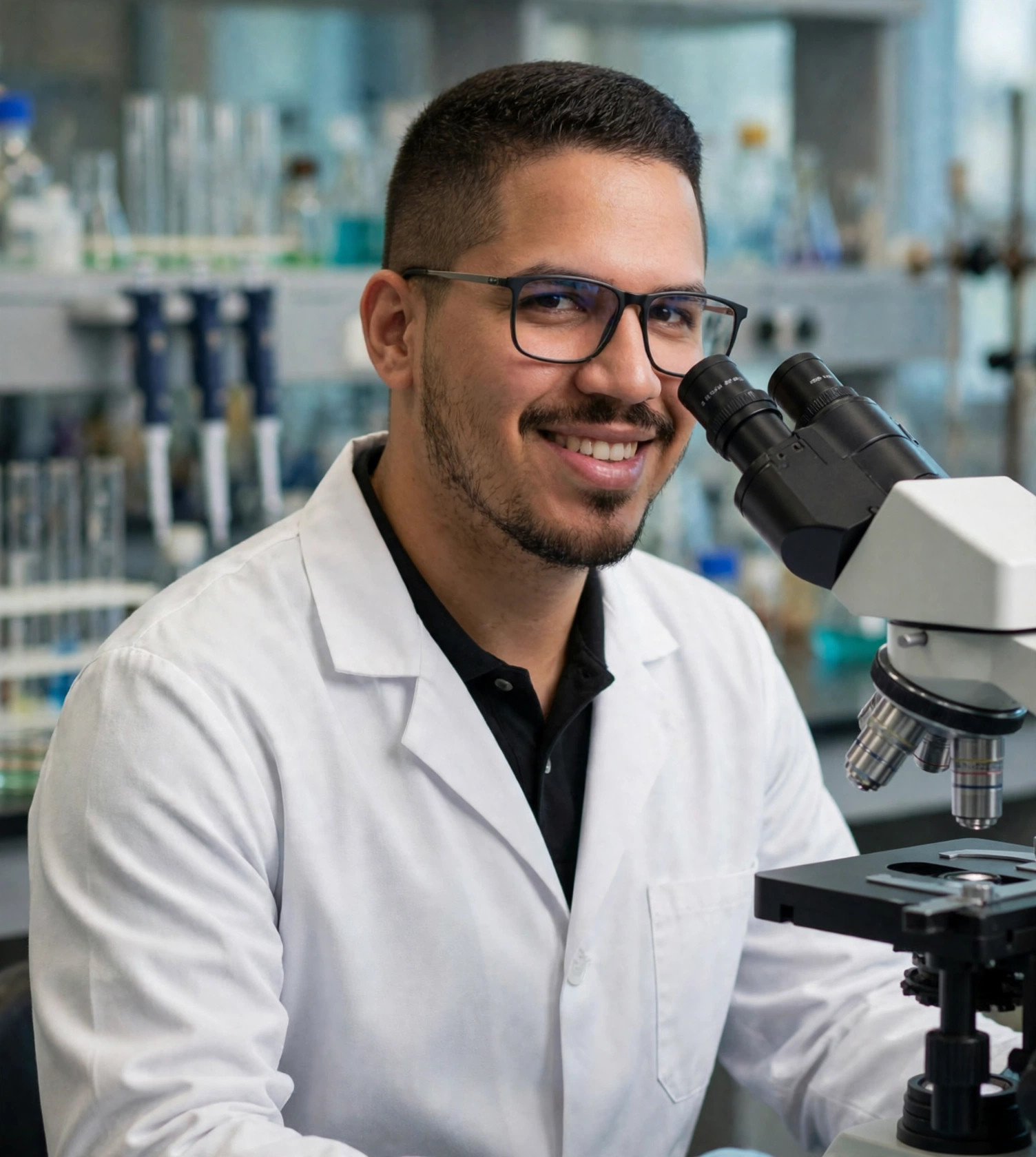 Julio Junior biólogo, jaleco branco sobre polo preta junto ao microscópio, laboratório de biologia ao fundo