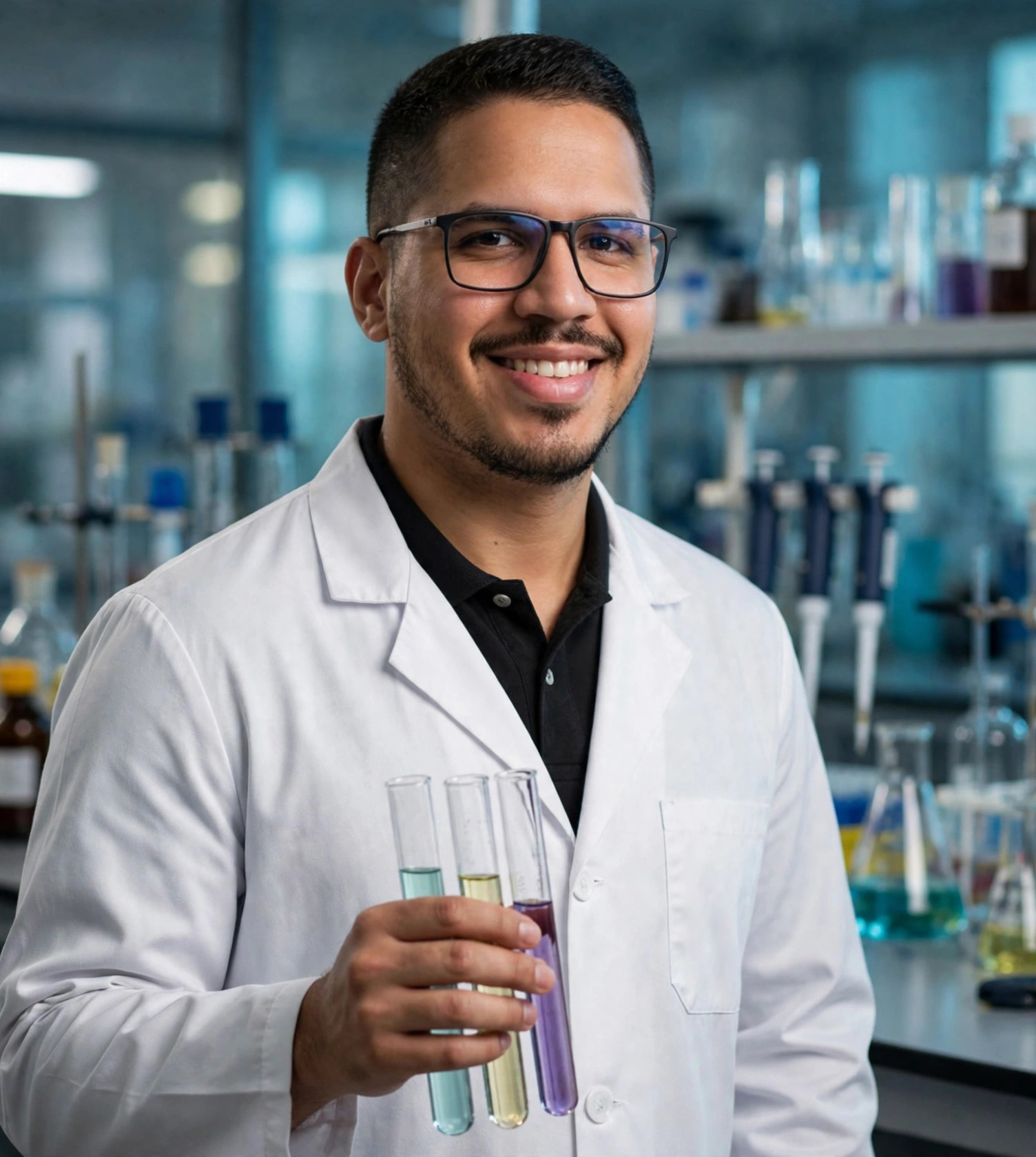 Julio Junior químico, jaleco branco sobre polo preta com tubos de ensaio, laboratório de química ao fundo