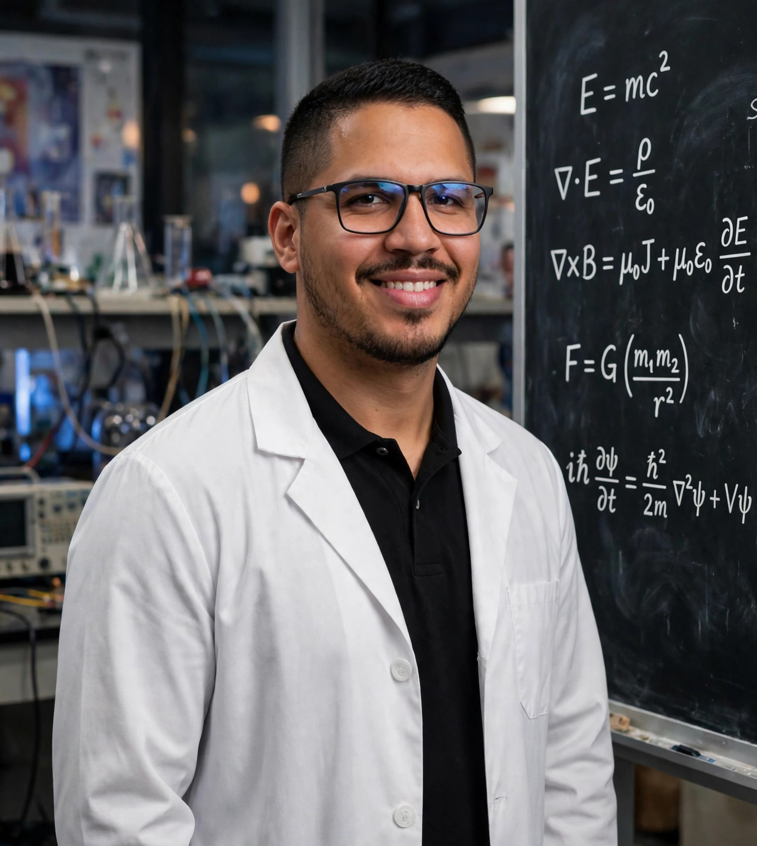 Julio Junior físico, jaleco branco sobre polo preta junto ao quadro de equações, laboratório de física ao fundo
