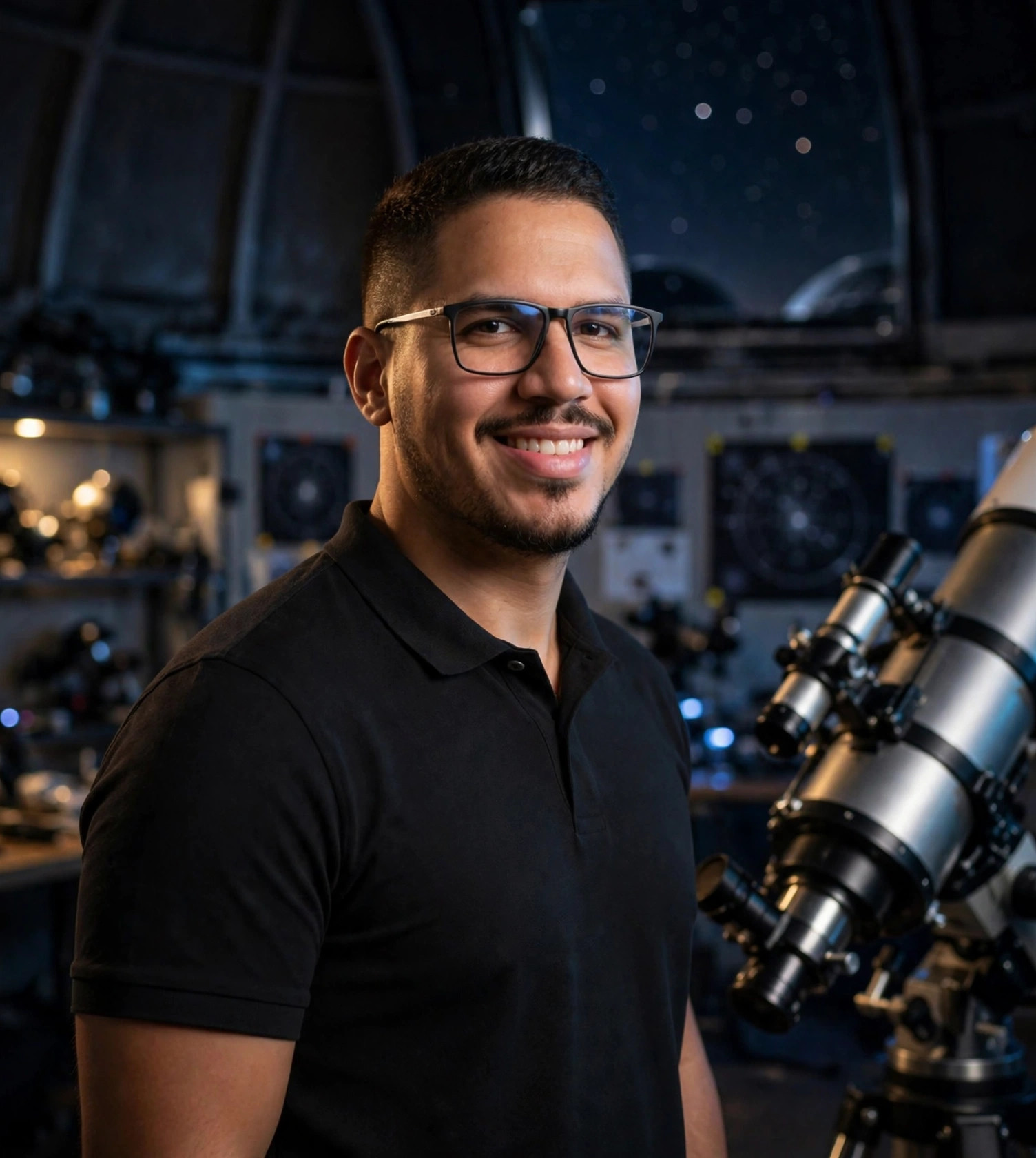 Julio Junior astrônomo, polo preta junto ao telescópio, observatório ao fundo