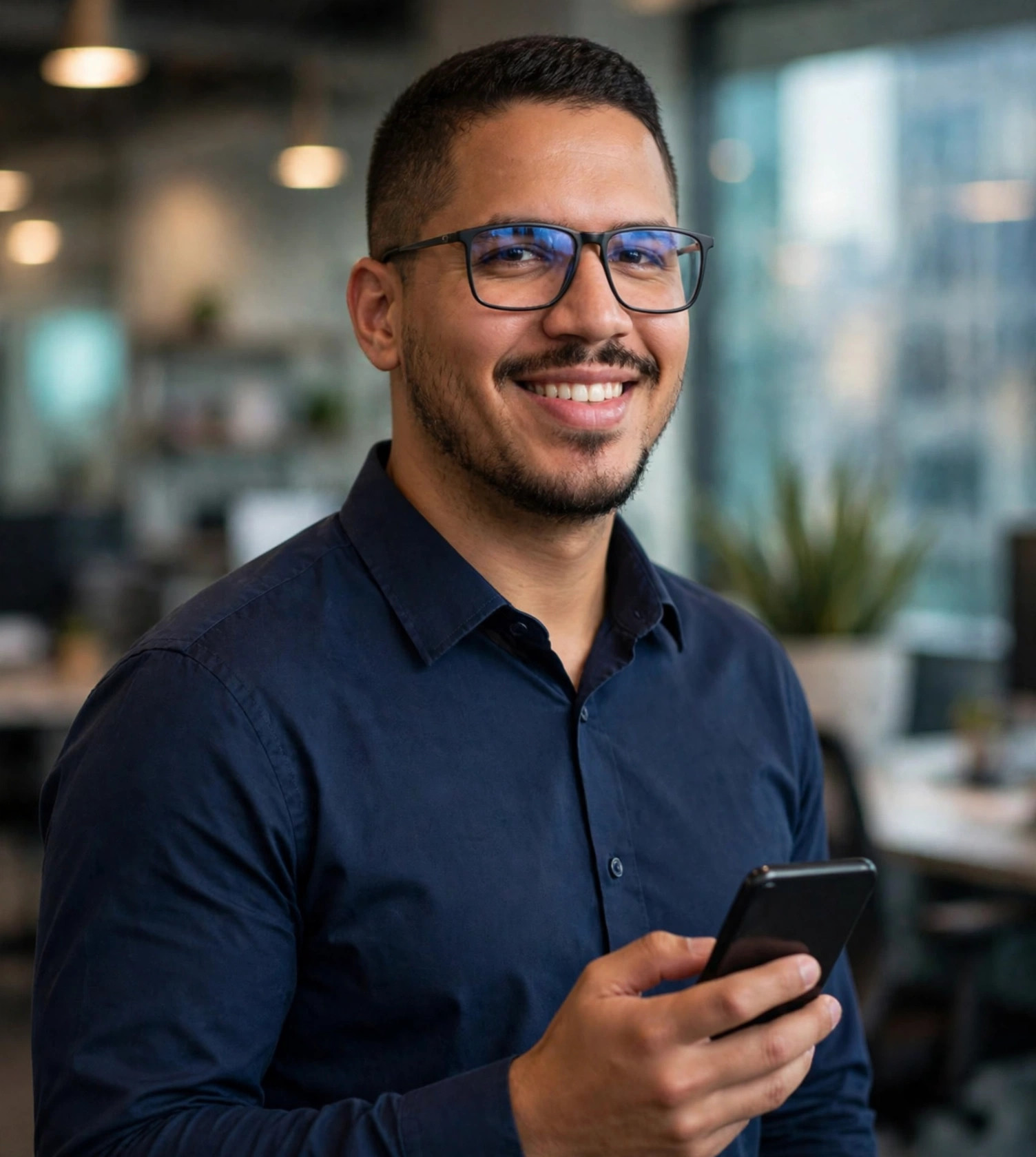 Julio Junior desenvolvedor mobile, camisa social azul-marinho com celular, escritório ao fundo