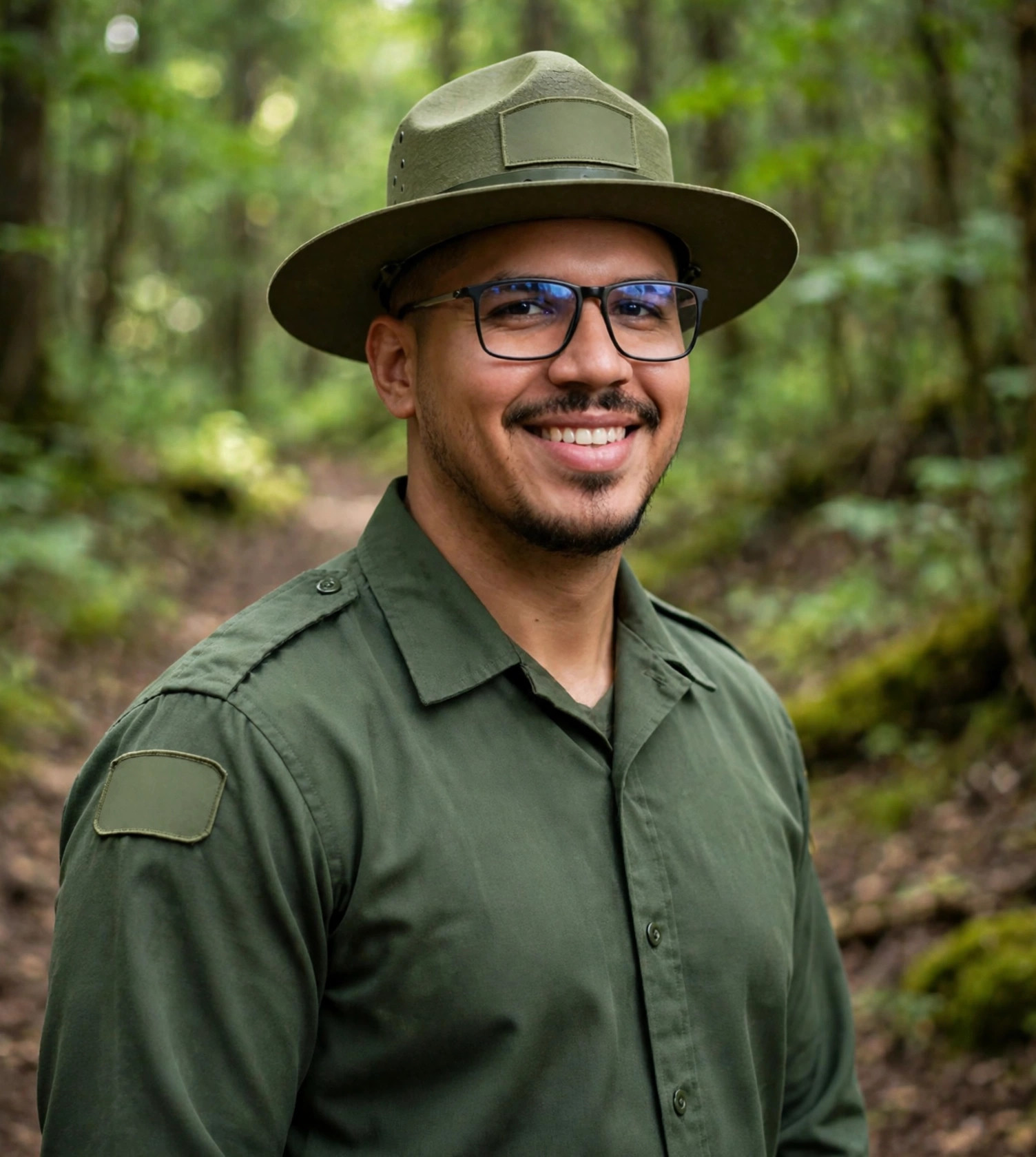 Julio Junior guarda florestal, uniforme verde com chapéu, trilha de floresta ao fundo