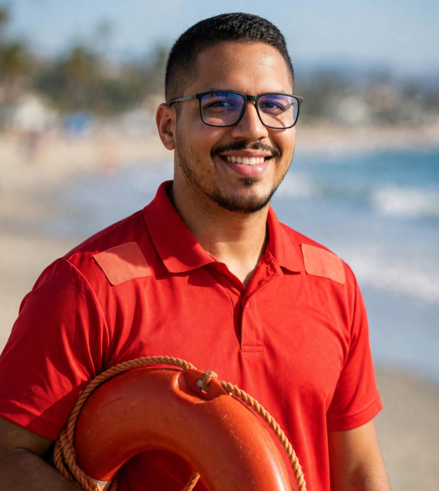 Julio Junior salva-vidas, camisa vermelha com boia de resgate, praia ao fundo