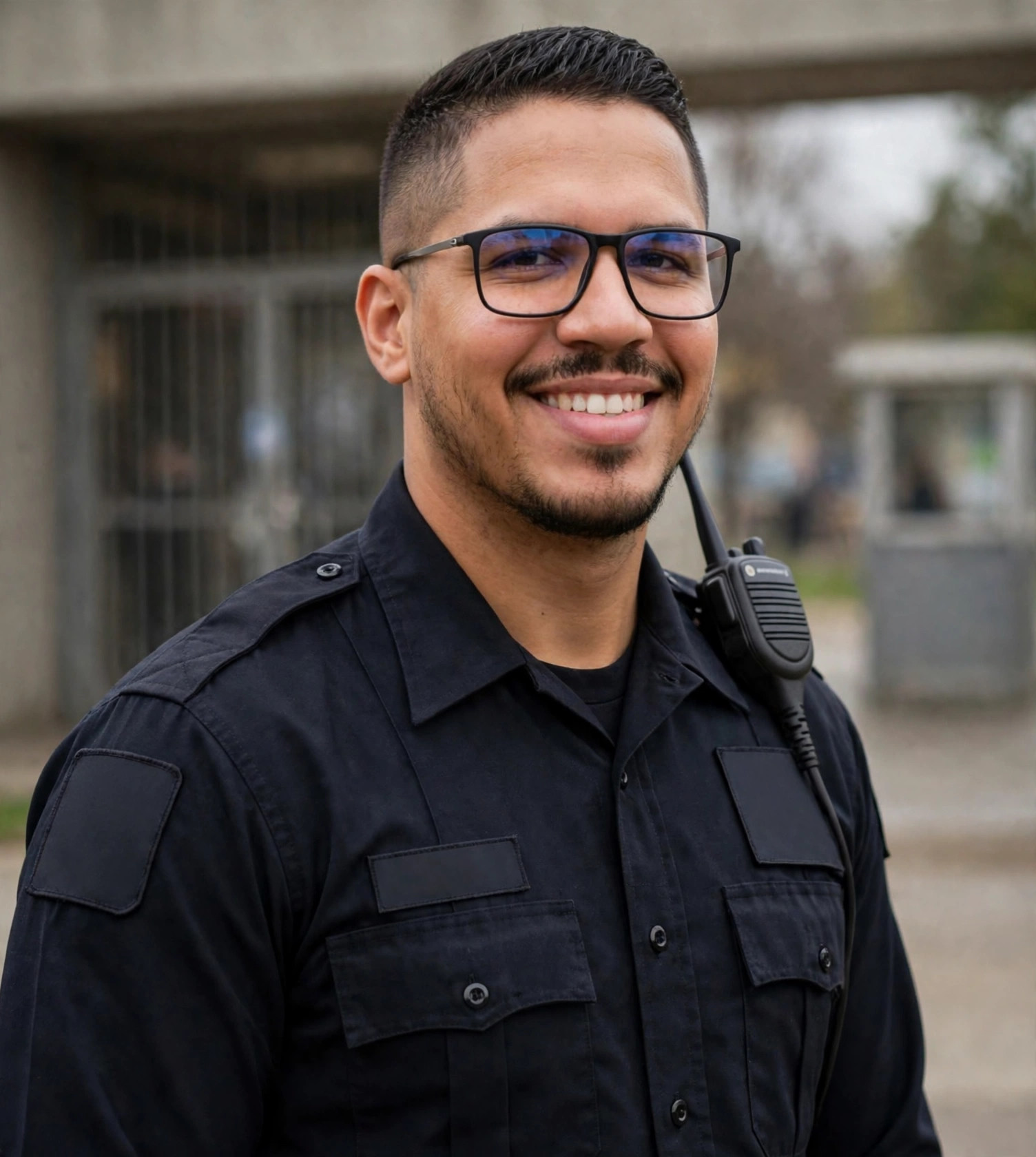 Julio Junior agente penitenciário, uniforme escuro com rádio no ombro, entrada de unidade ao fundo