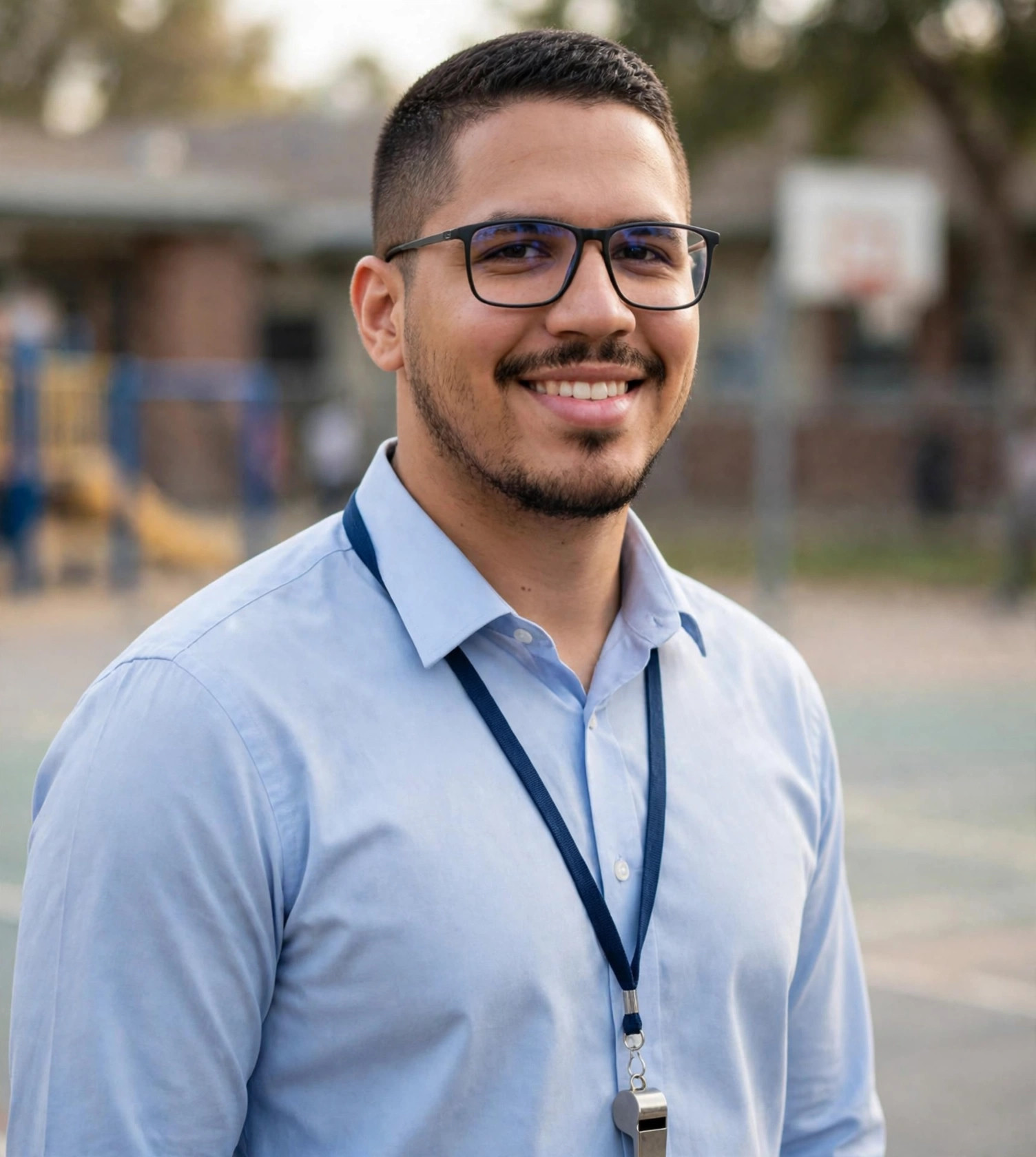 Julio Junior inspetor de alunos, camisa social com apito, pátio de escola ao fundo