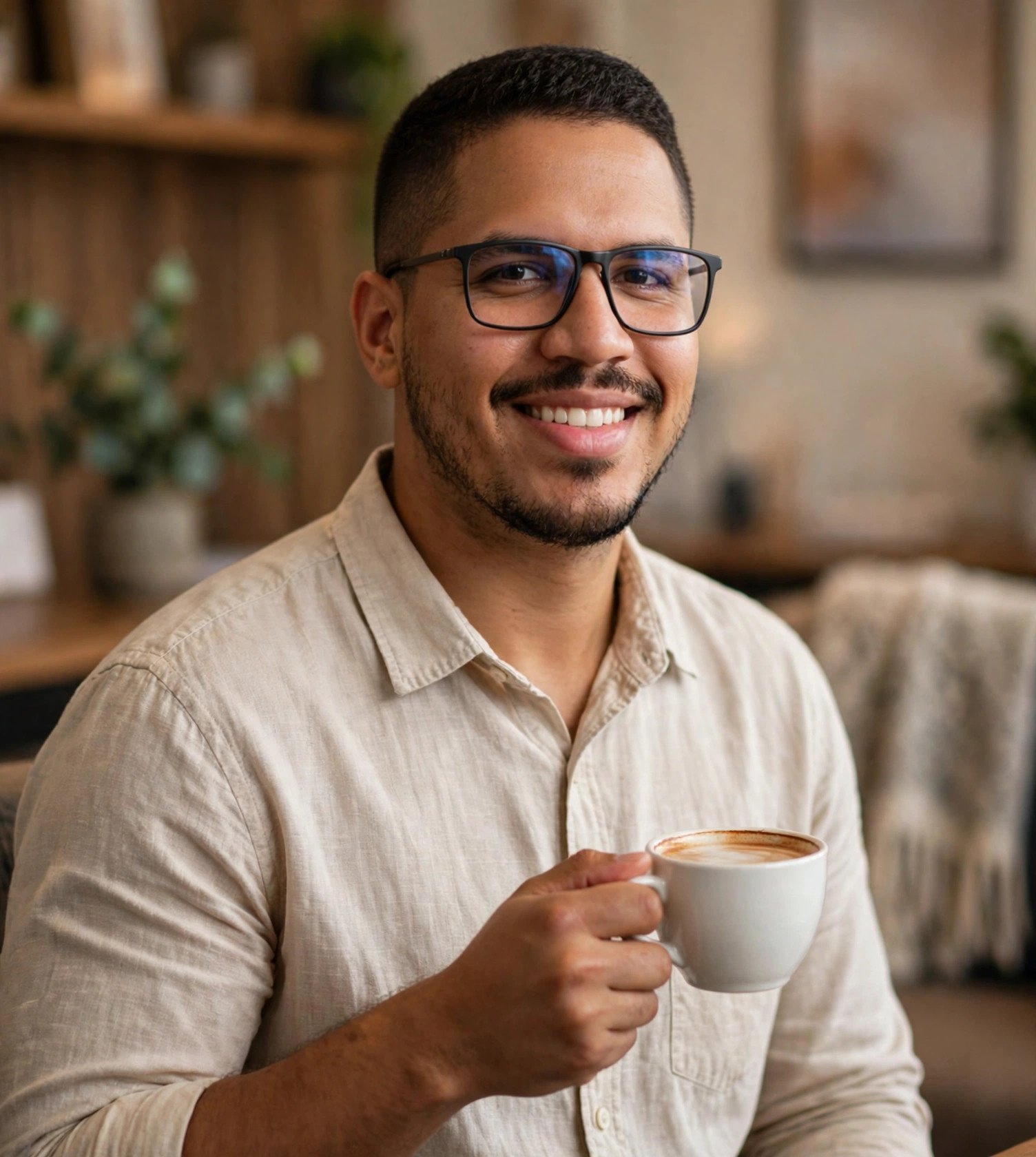 Julio Junior conselheiro, camisa social com xícara de café, sala de aconselhamento ao fundo
