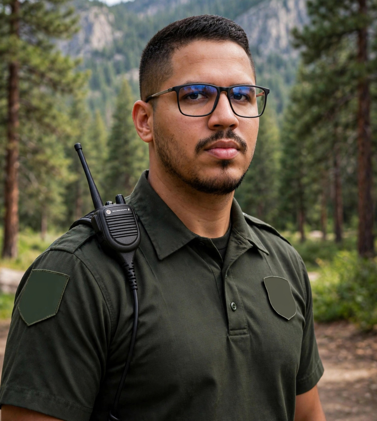 Julio Junior guarda-parque, uniforme com rádio, parque nacional ao fundo