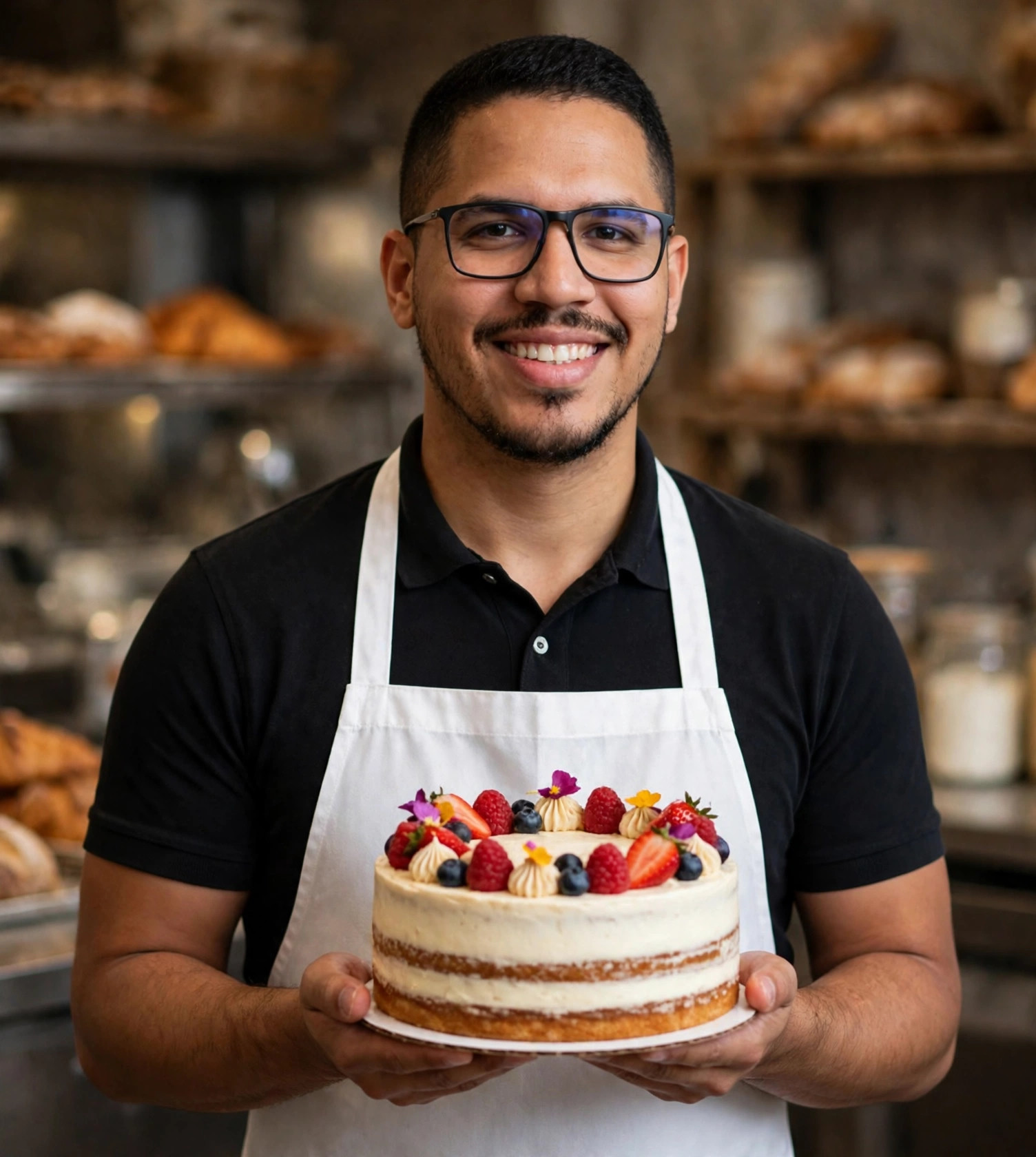 Julio Junior confeiteiro, avental branco com bolo decorado, confeitaria ao fundo