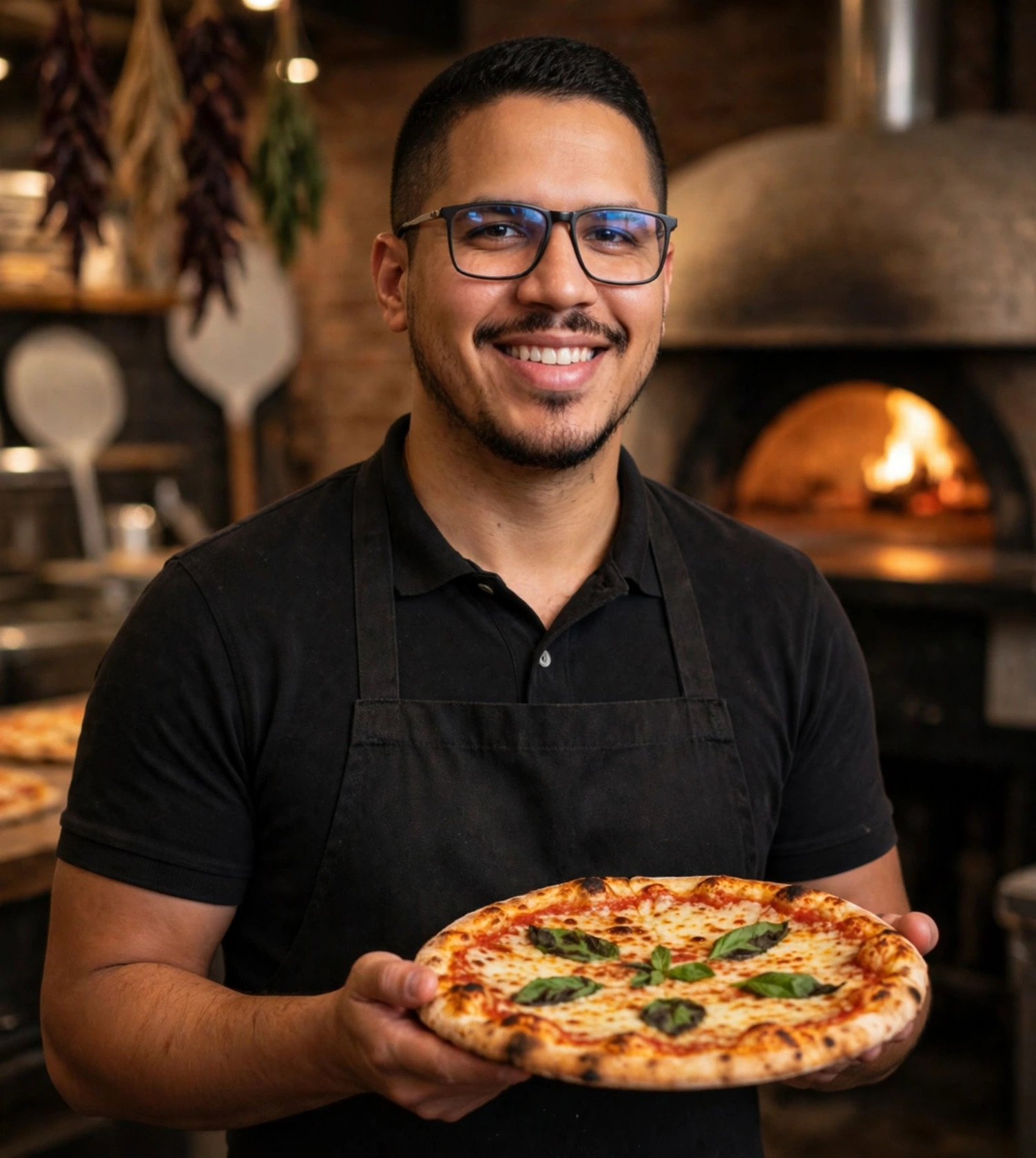 Julio Junior pizzaiolo, avental escuro com pizza, forno de pizzaria ao fundo