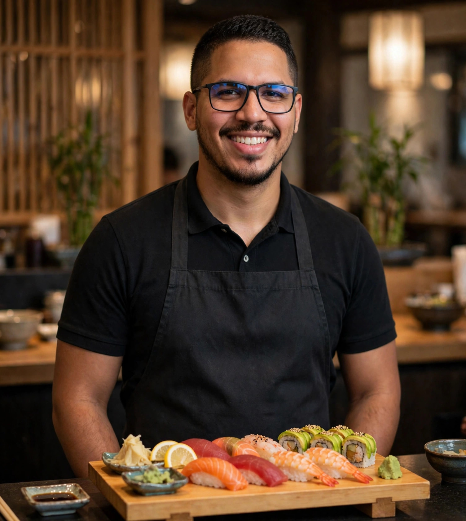 Julio Junior sushiman, avental escuro com tábua de sushi, restaurante japonês ao fundo