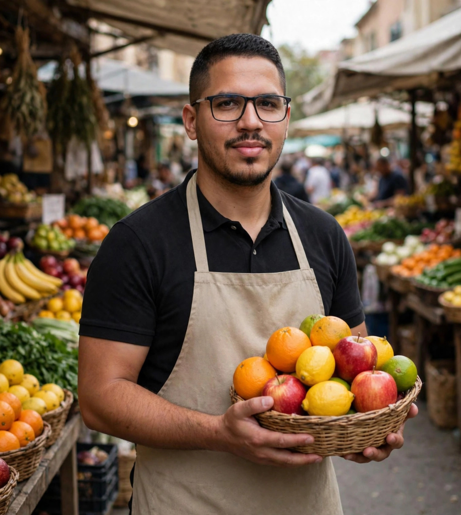 Julio Junior feirante, avental claro com cesta de frutas, feira livre ao fundo