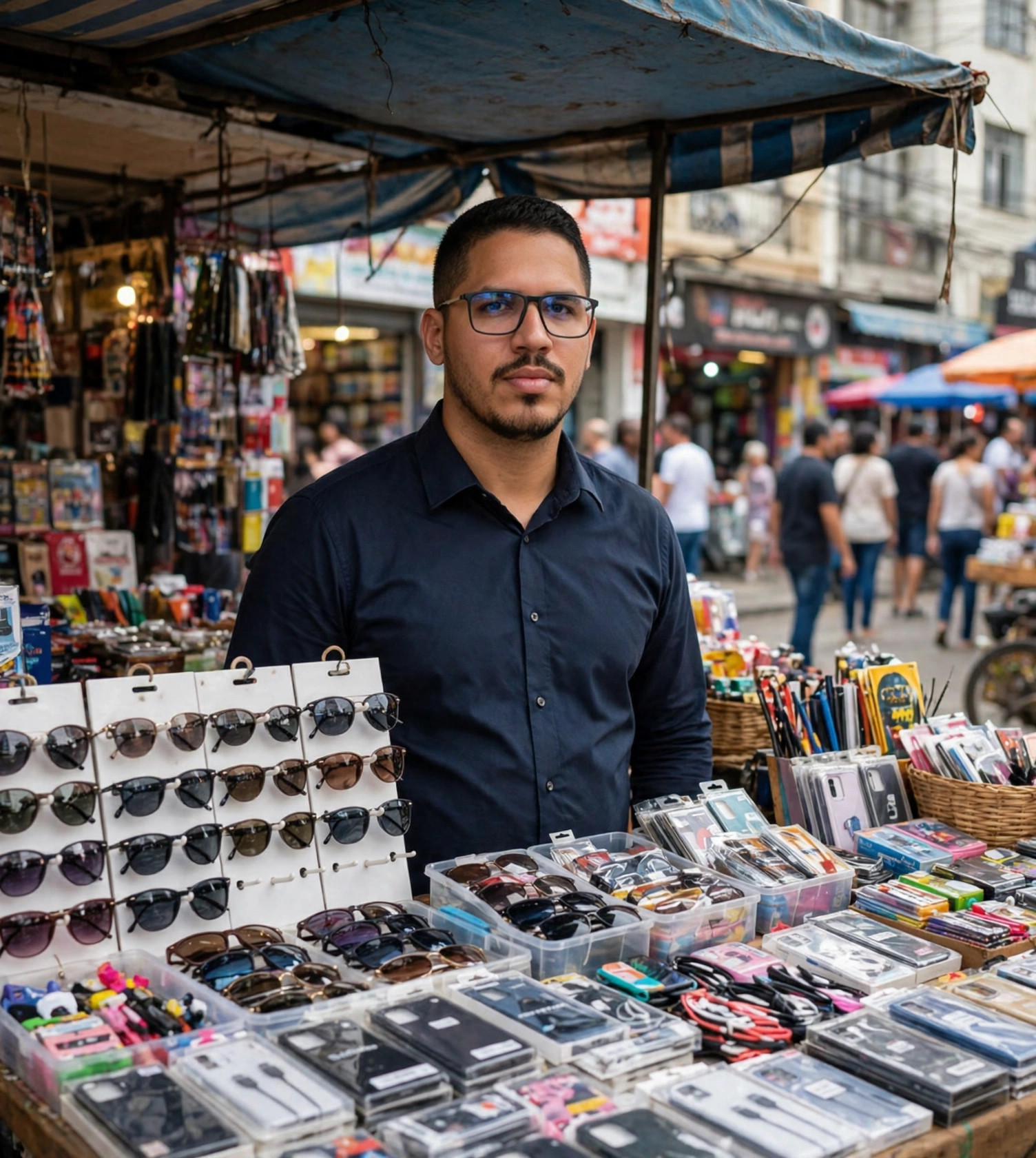 Julio Junior camelô, camisa social com banca de produtos, rua movimentada ao fundo