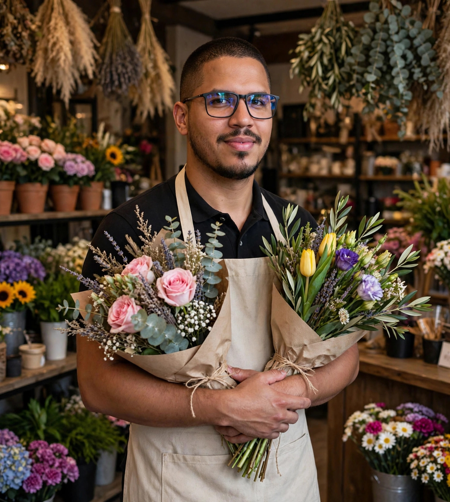 Julio Junior vendedor de flores, avental claro com buquês, floricultura ao fundo