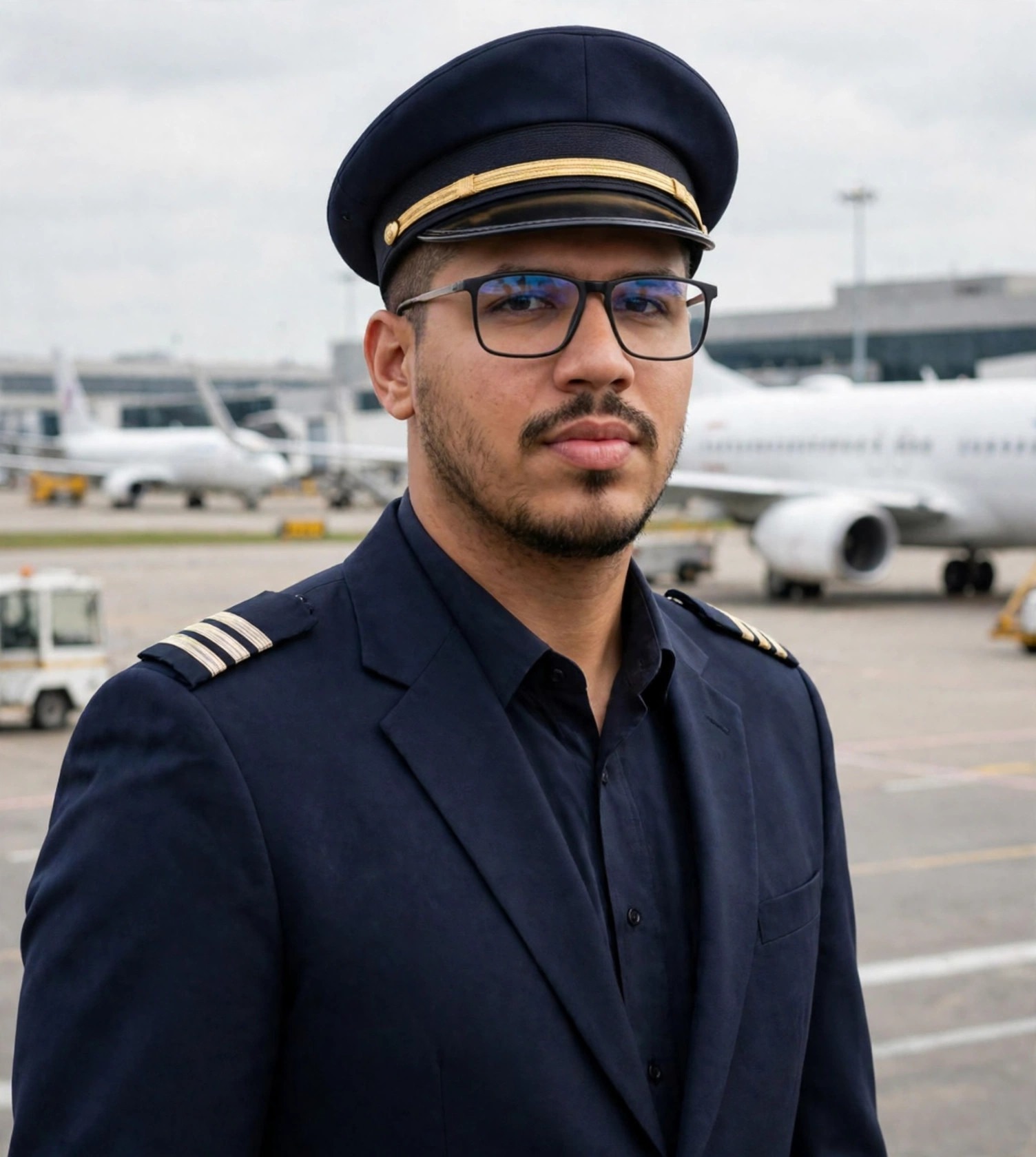 Julio Junior piloto de avião comercial, uniforme de piloto com quepe, aeroporto ao fundo