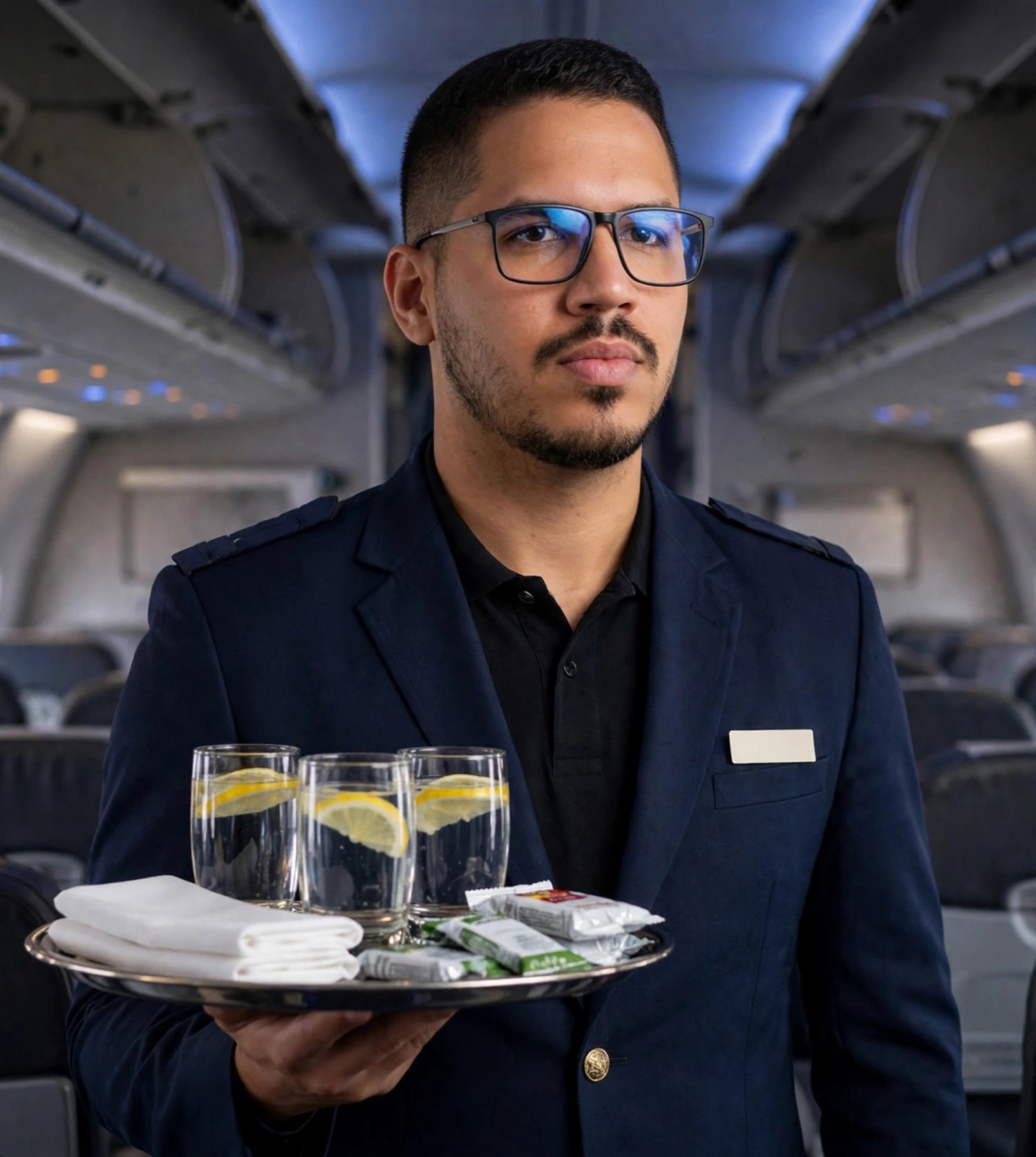 Julio Junior comissário de bordo, uniforme com bandeja de bebidas, cabine de avião ao fundo