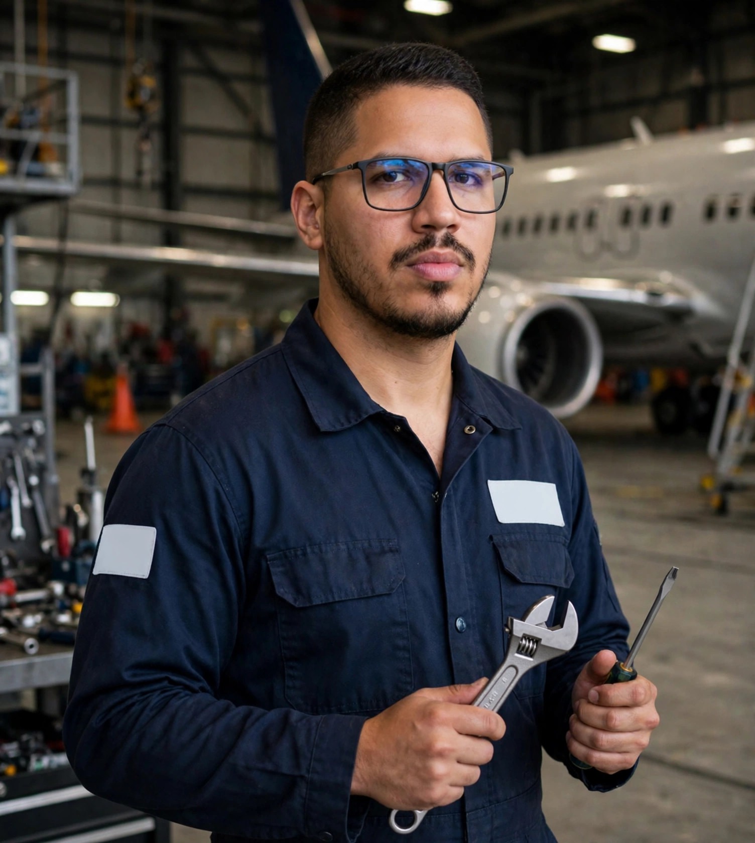 Julio Junior mecânico de aeronaves, macacão com ferramentas, hangar ao fundo