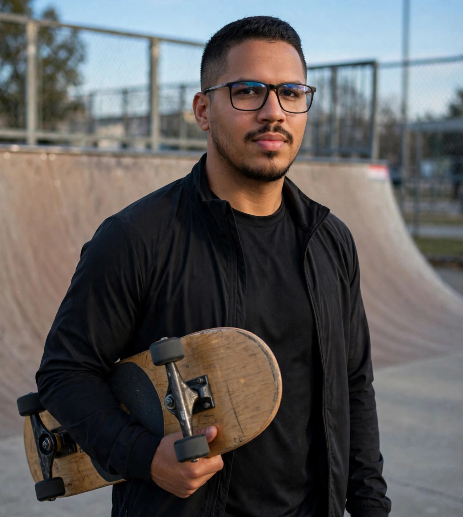 Julio Junior praticante de skate vertical, roupa esportiva com skate, half-pipe ao fundo