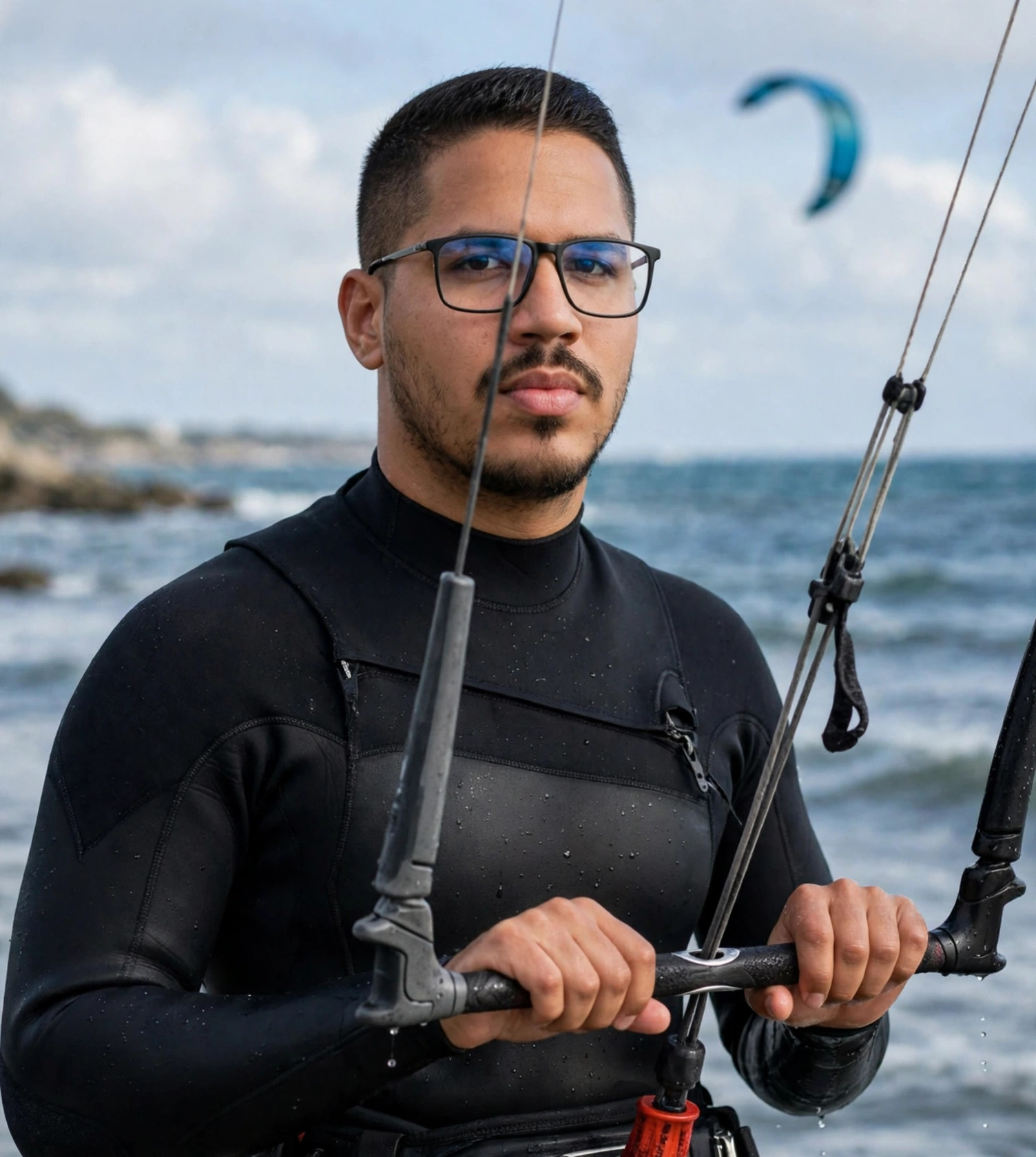 Julio Junior praticante de kitesurf, roupa de neoprene com pipa, mar ao fundo
