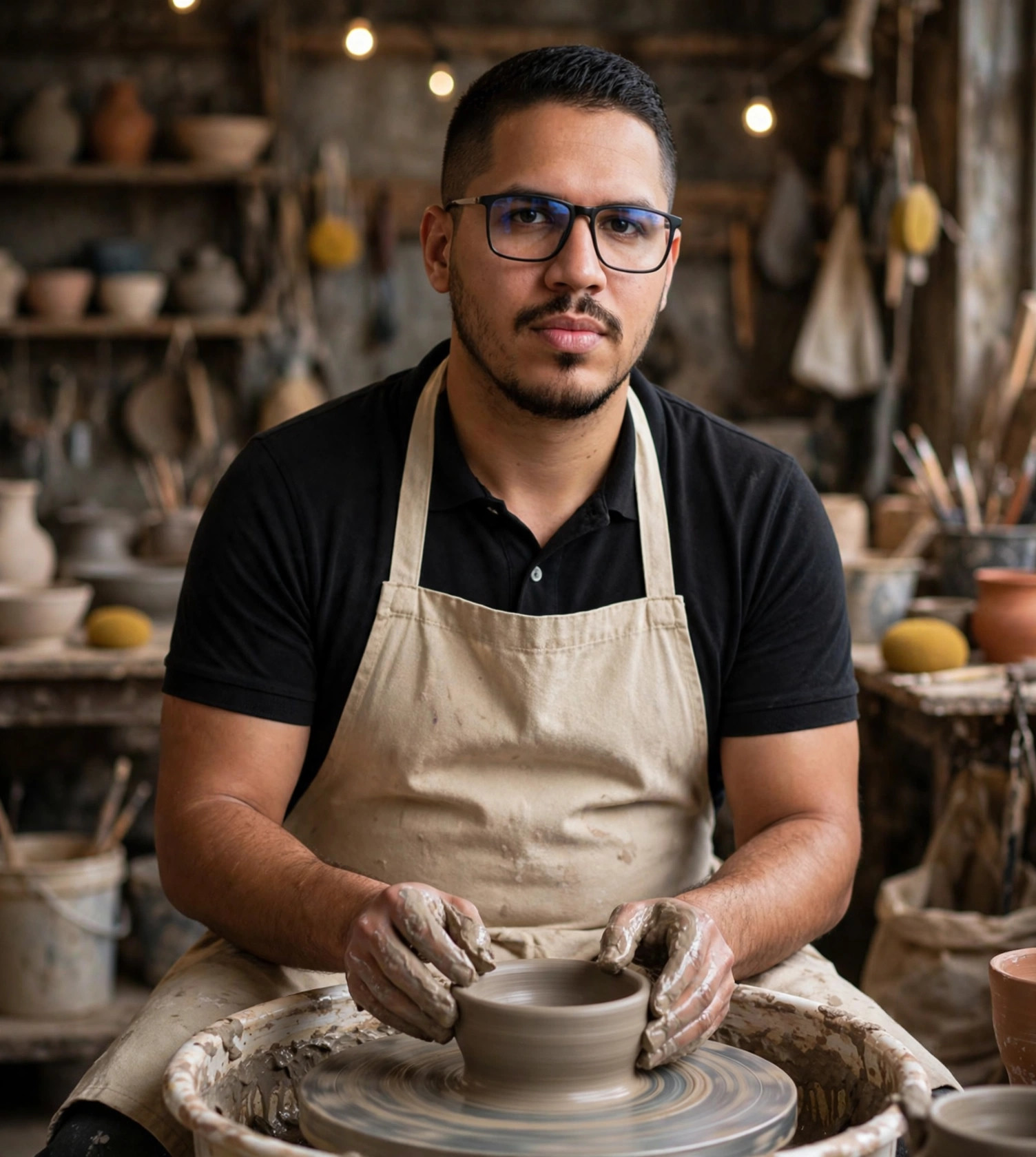 Julio Junior oleiro, avental com torno de barro, oficina ao fundo