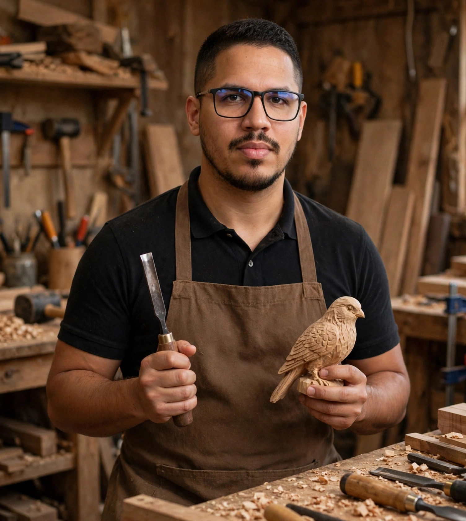 Julio Junior escultor de madeira, avental com cinzel e madeira, marcenaria ao fundo