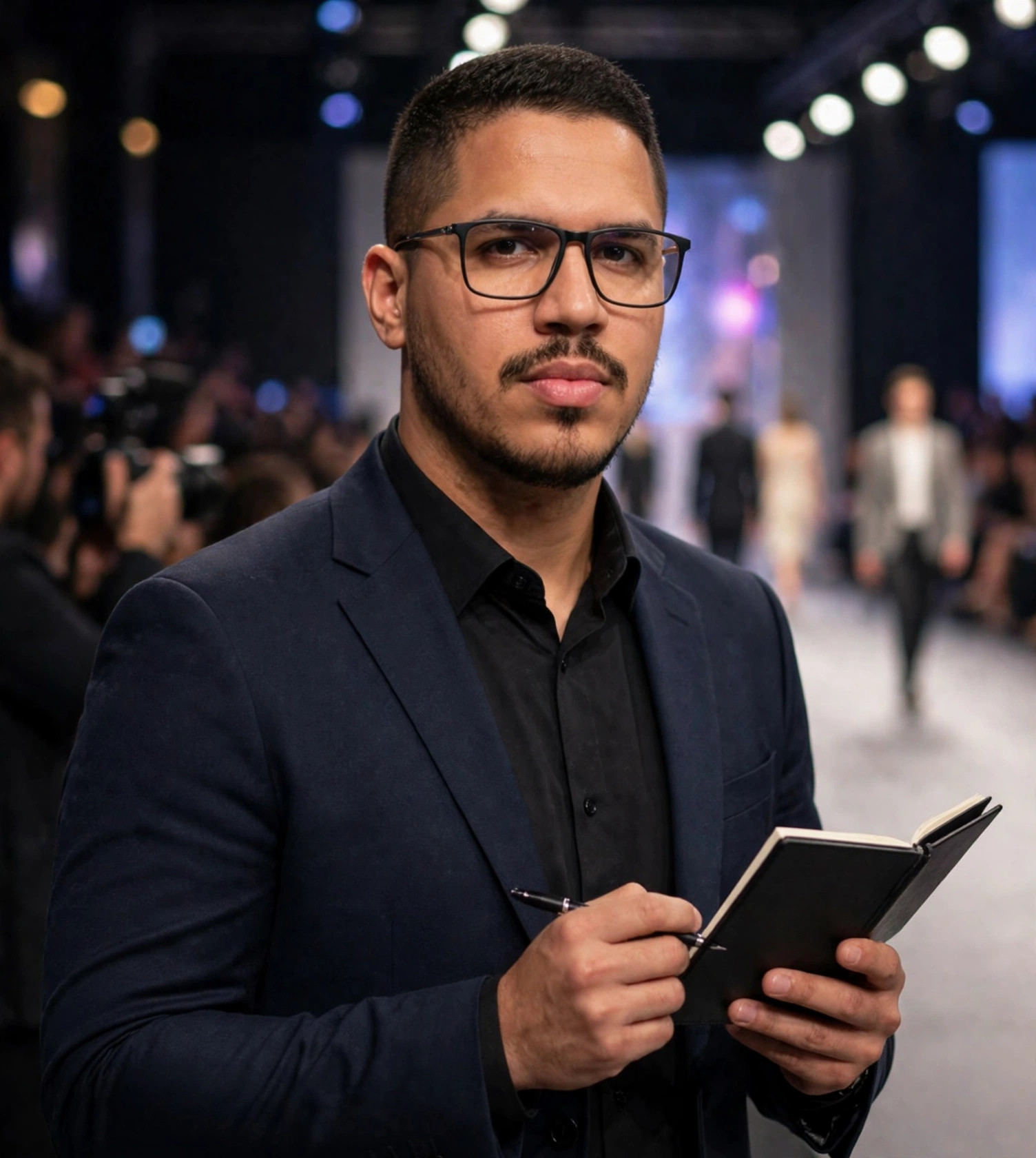 Julio Junior repórter de moda, terno com bloco de notas, desfile ao fundo
