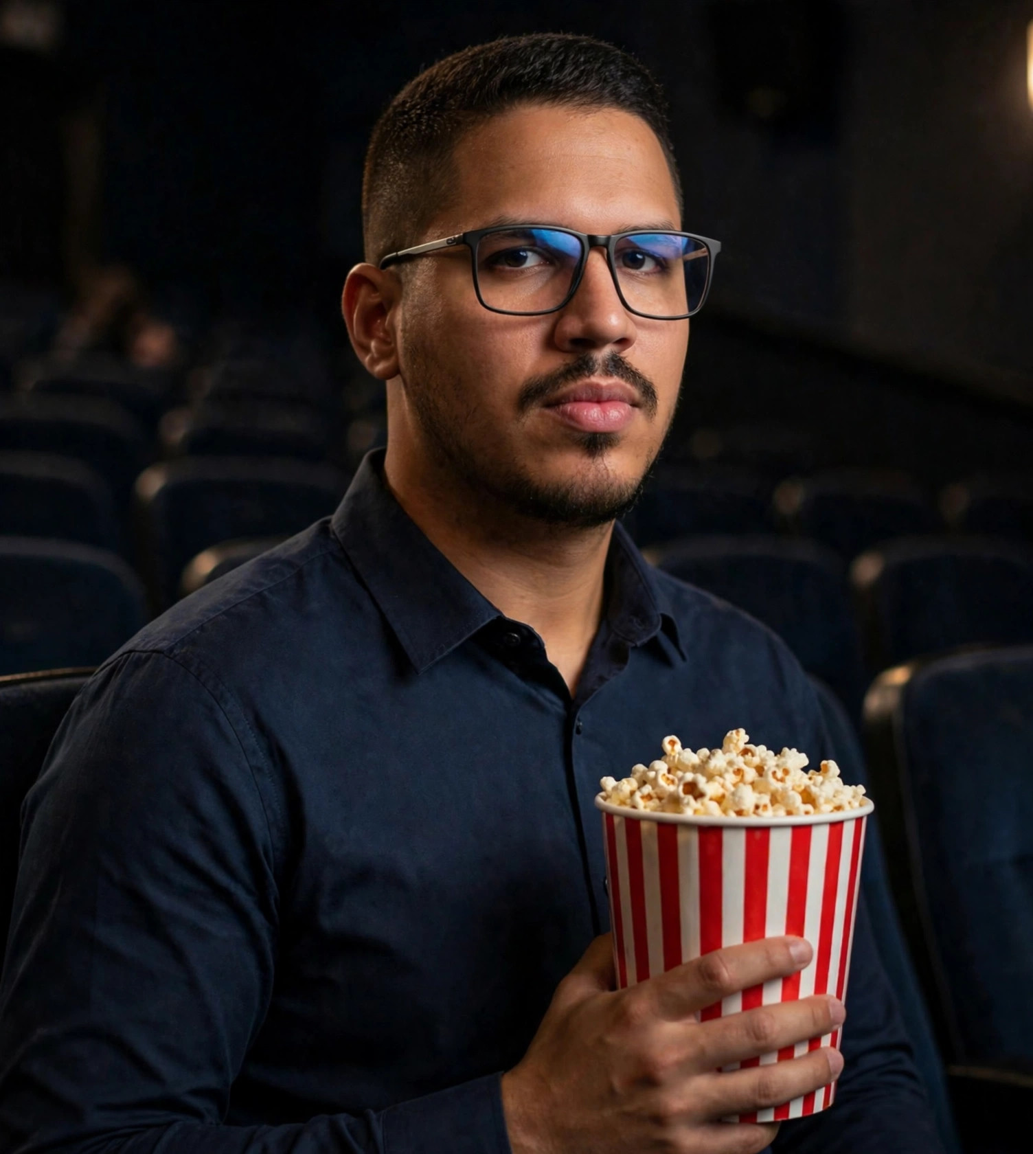 Julio Junior crítico de cinema, camisa social com pipoca, sala de cinema ao fundo