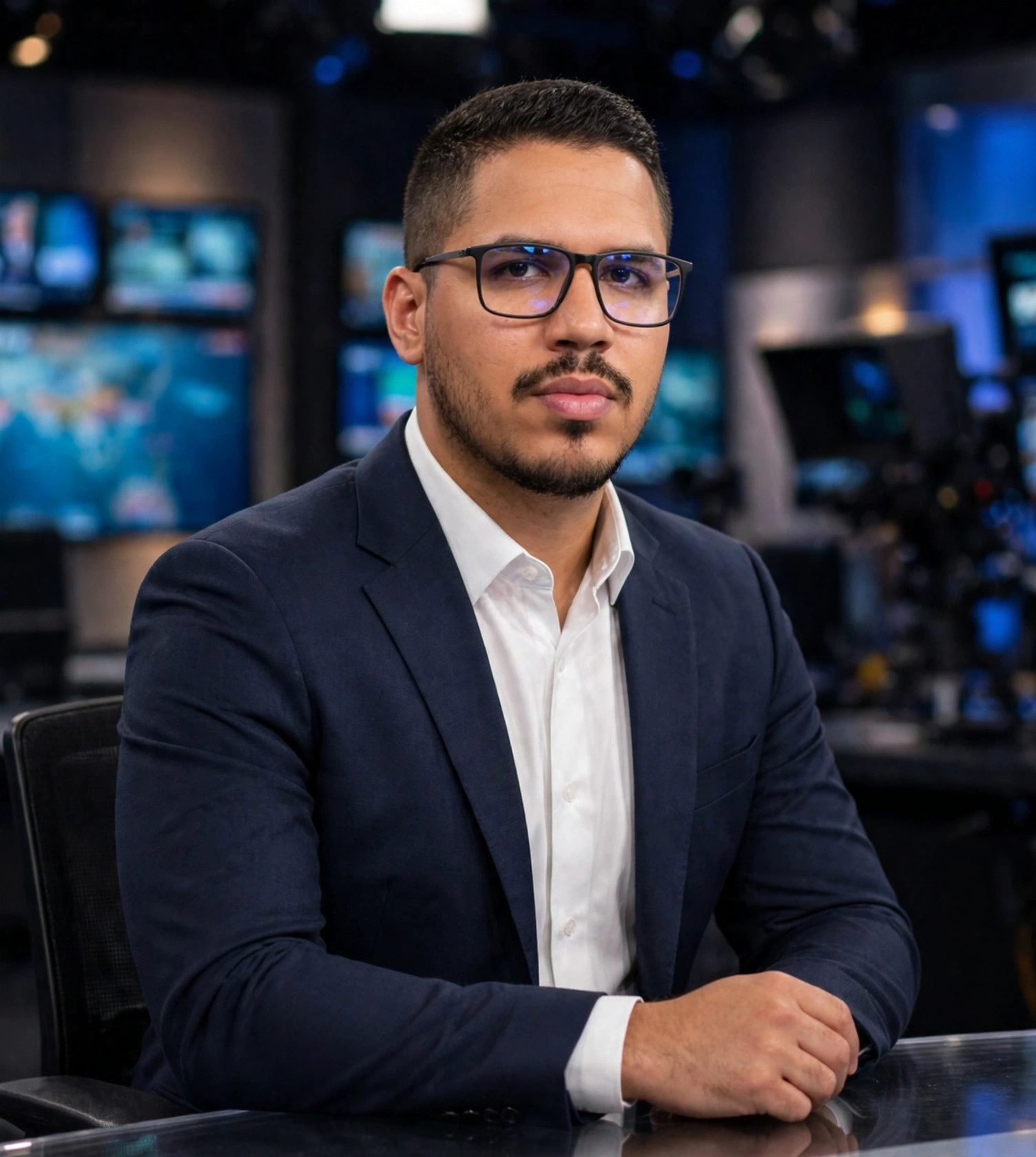 Julio Junior apresentador de telejornal, terno com mesa de notícias, estúdio de TV ao fundo
