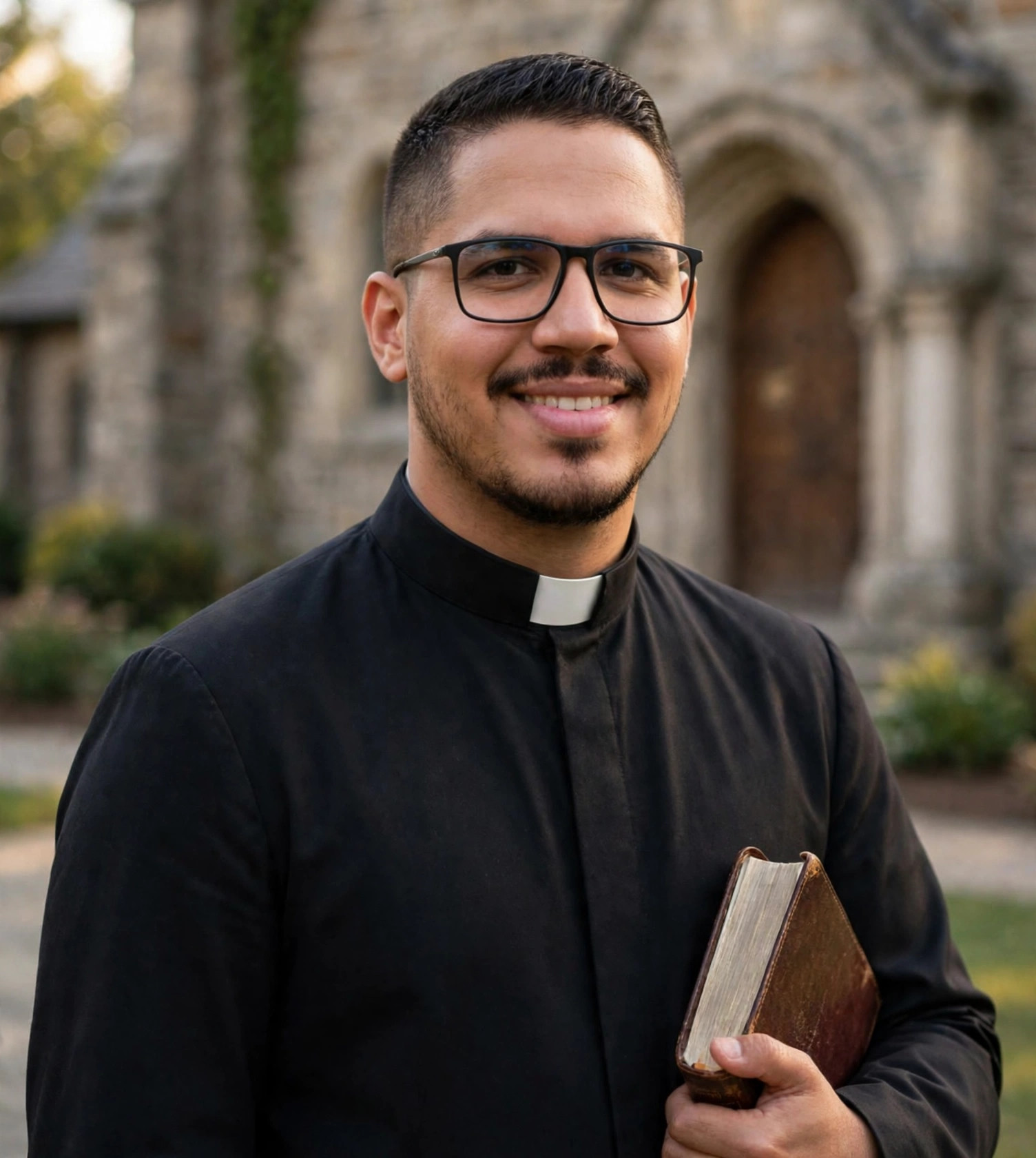 Julio Junior padre, batina com bíblia, igreja ao fundo