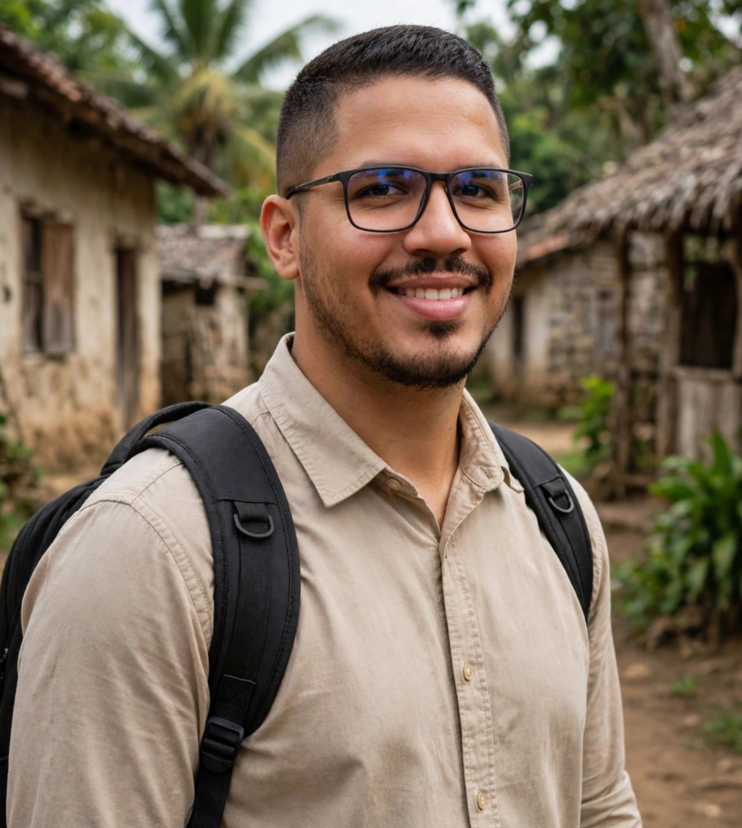 Julio Junior missionário, camisa social com mochila, aldeia ao fundo