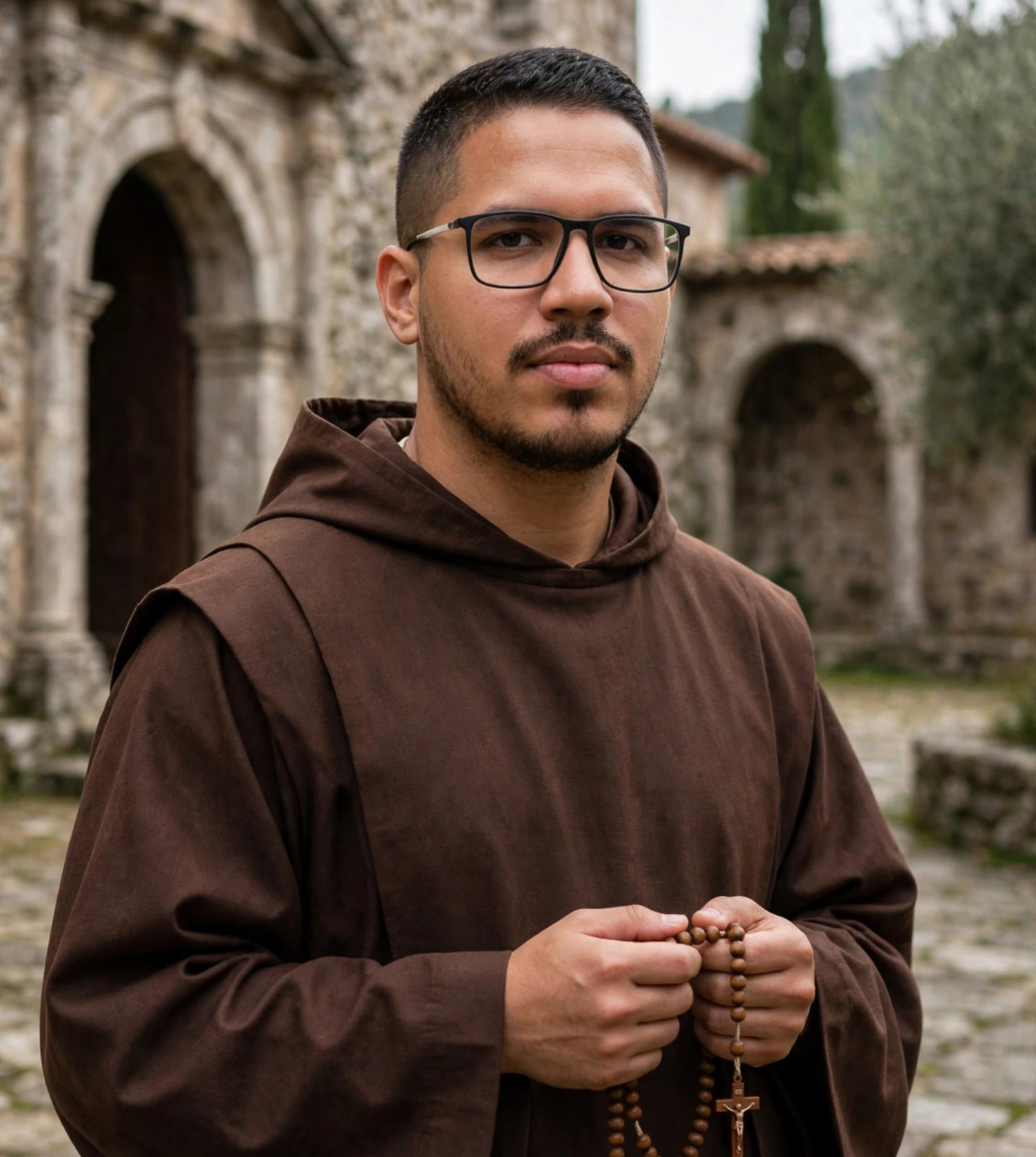 Julio Junior monge, hábito com terço, mosteiro ao fundo