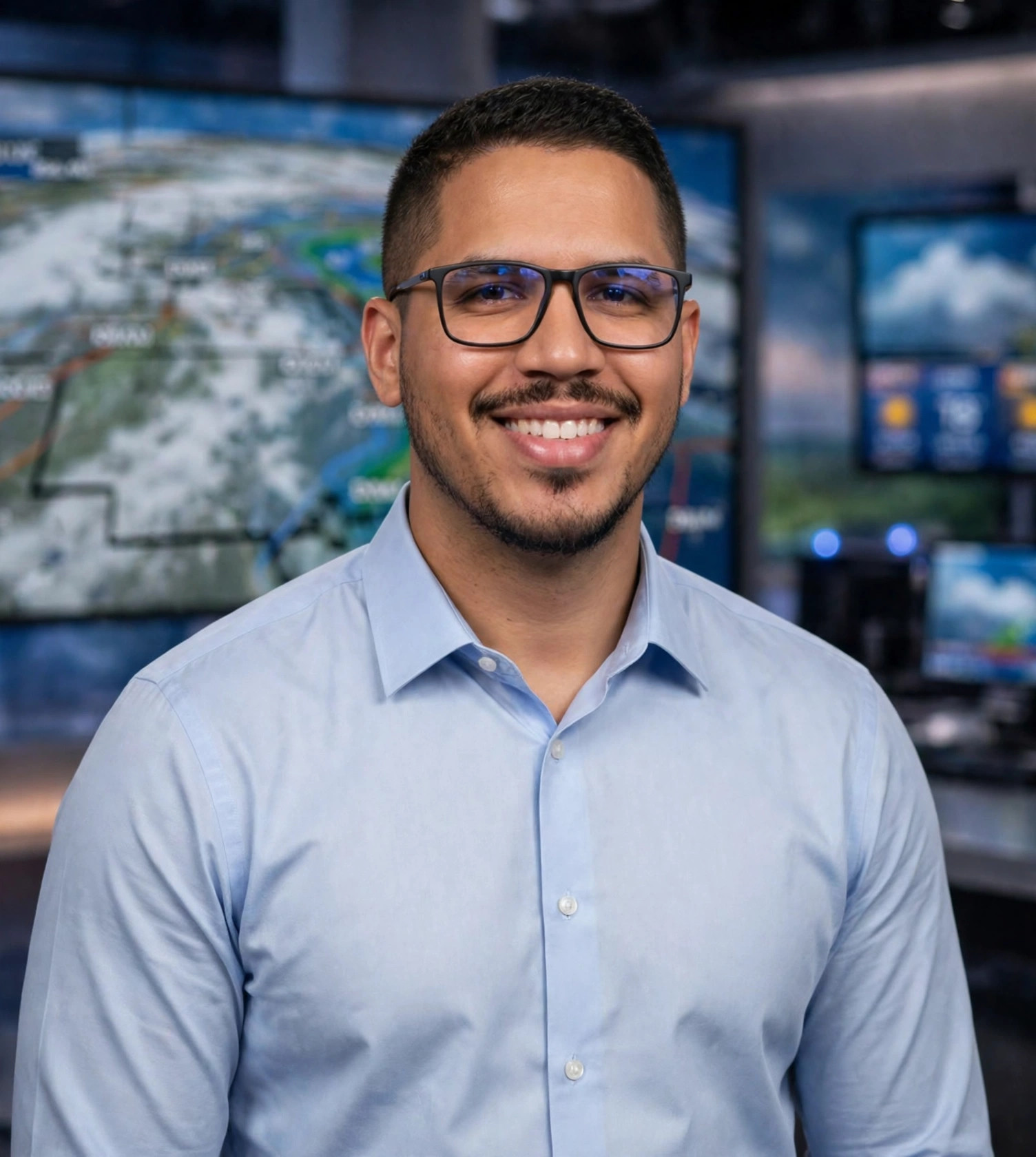 Julio Junior meteorologista, camisa social com mapa do tempo, estúdio de previsão ao fundo