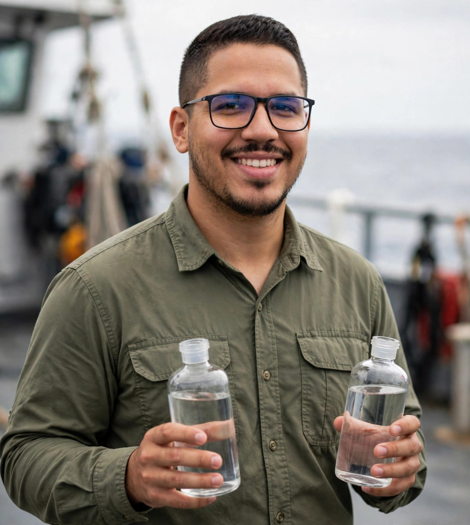 Julio Junior oceanógrafo, camisa de campo com amostras de água, navio de pesquisa ao fundo