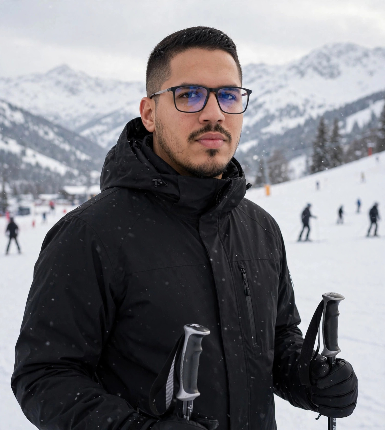 Julio Junior esquiador, jaqueta de esqui com bastões, pista de neve ao fundo